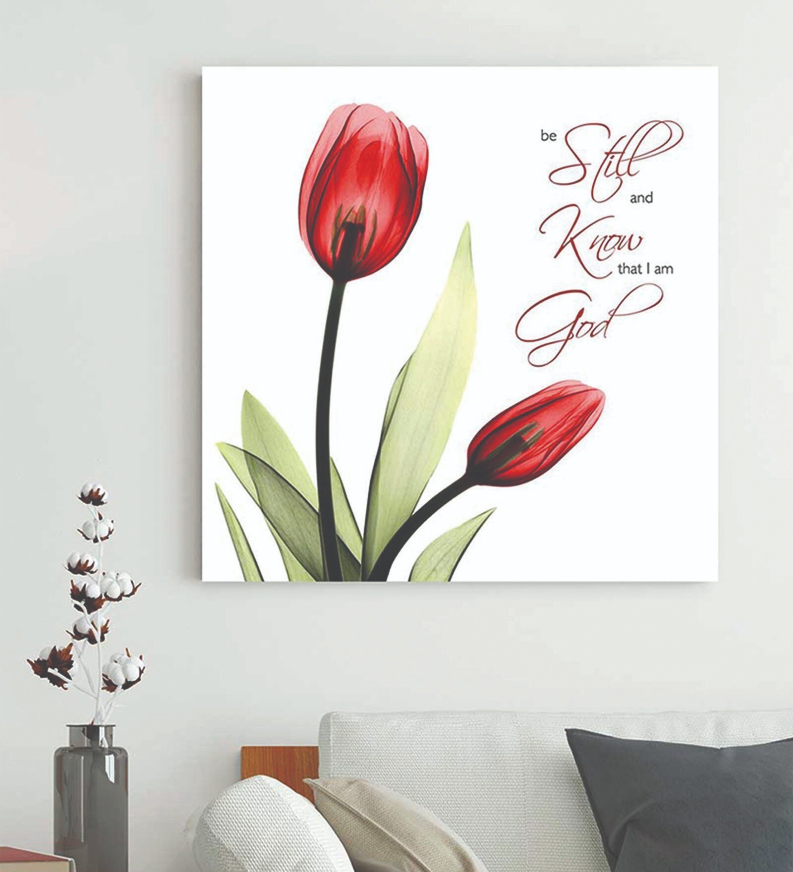 Red tulips (be still and know that I am god) Poster Print Flower Canvas art Print, Modern X-Ray Wall Painting For Living Room D cor