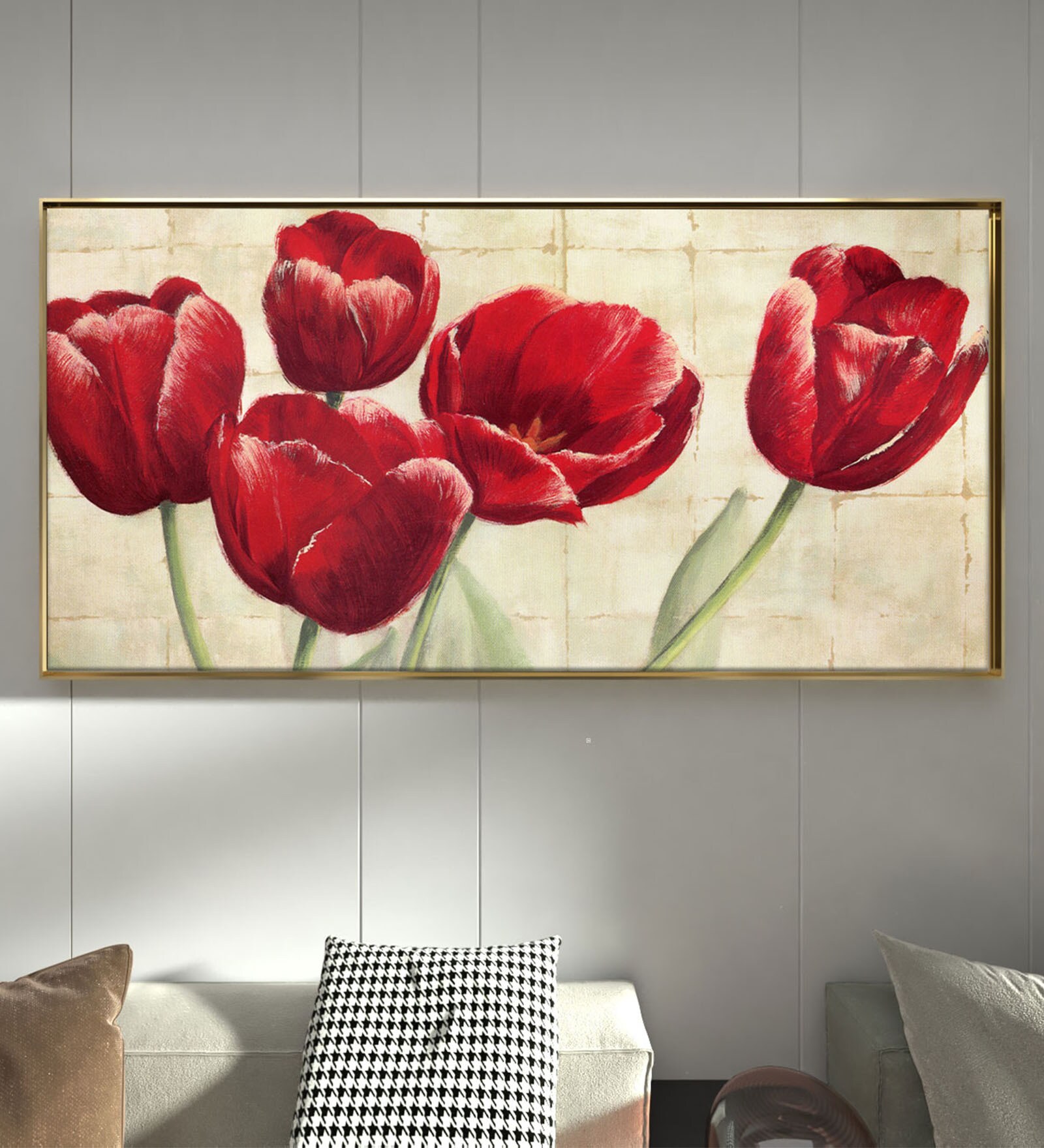 Red Tulips Blooming On Canvas Canvas Art Print