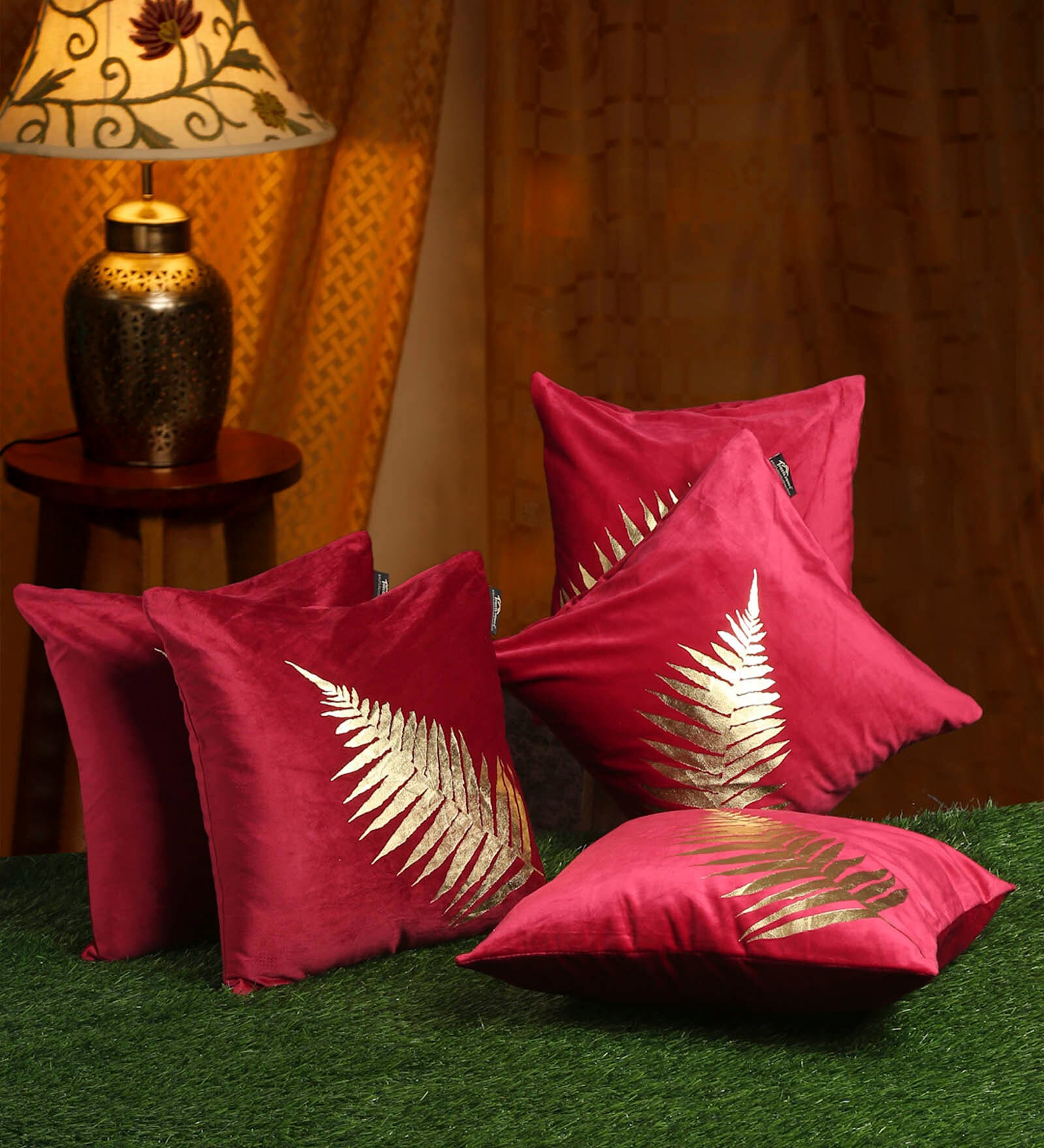 Red Floral Velvet 16 x 16 Inches Cushion Covers (Set of 5)