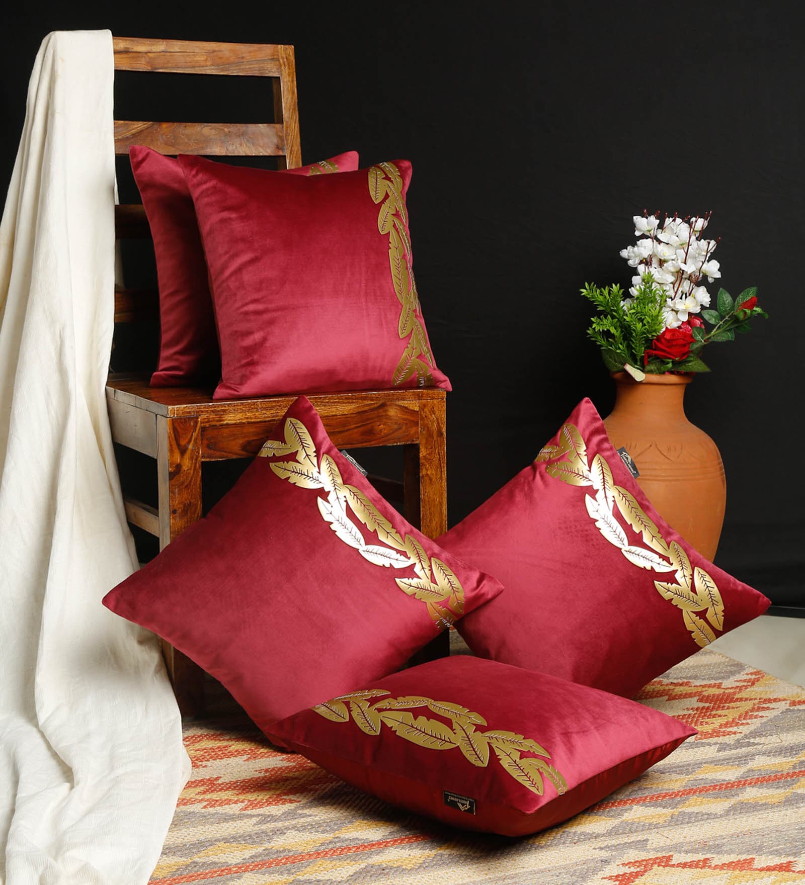 Red Floral Velvet 16 x 16 Inches Cushion Covers (Pack of 5)