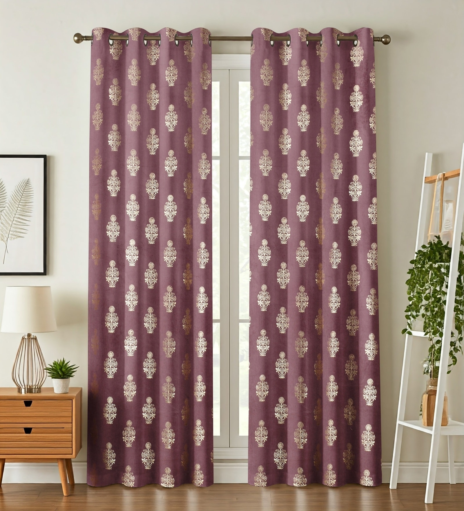 Red Velvet Floral 5 Foot Ring Top Window Curtains Set Of 2