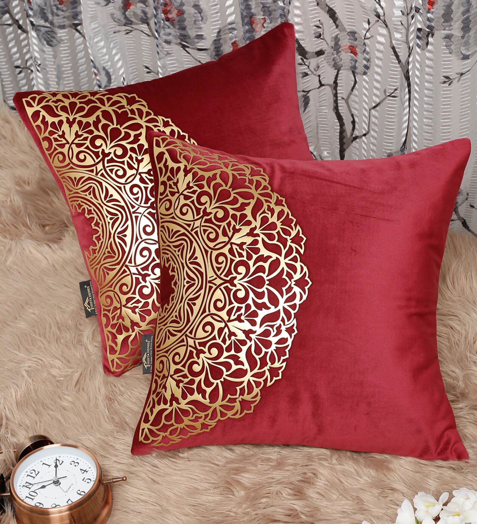 Red Traditional Velvet 16 x 16 Inches Cushion Covers (Set of 2)