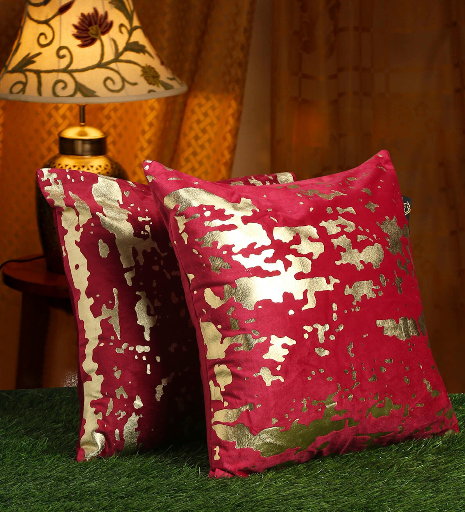 Red Abstract Velvet 16 x 16 Inches Cushion Covers (Set of 2)