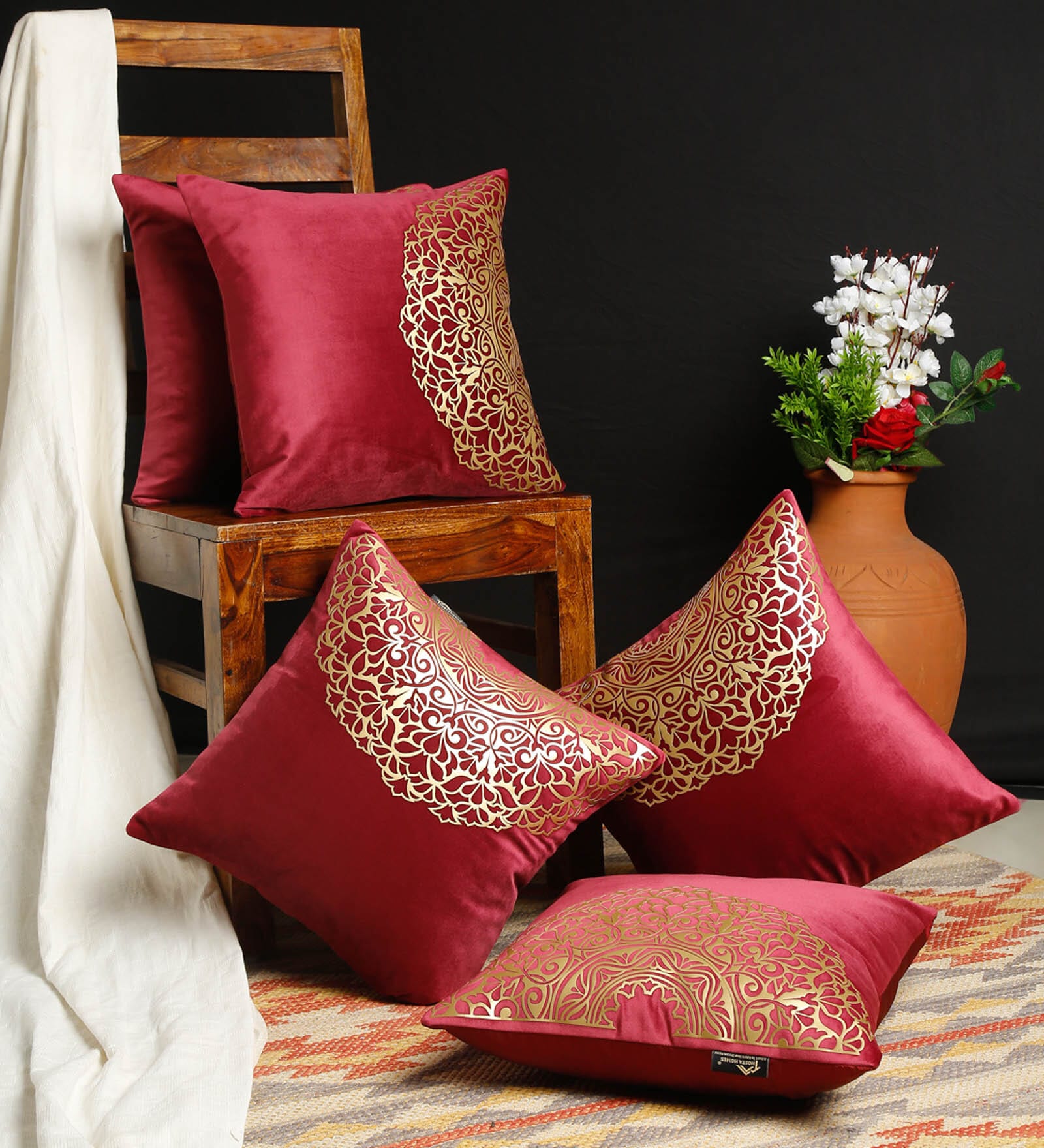 Red Traditional Velvet 16 x 16 Inches Cushion Covers (Set of 5)