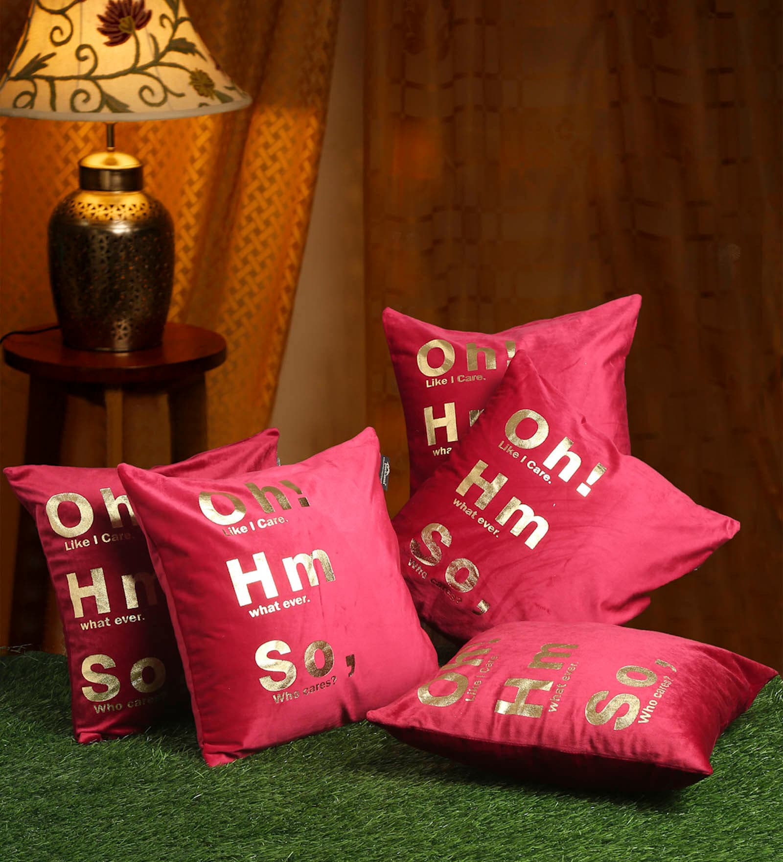Red Quoted Velvet 16 x 16 Inches Cushion Covers (Set of 5)