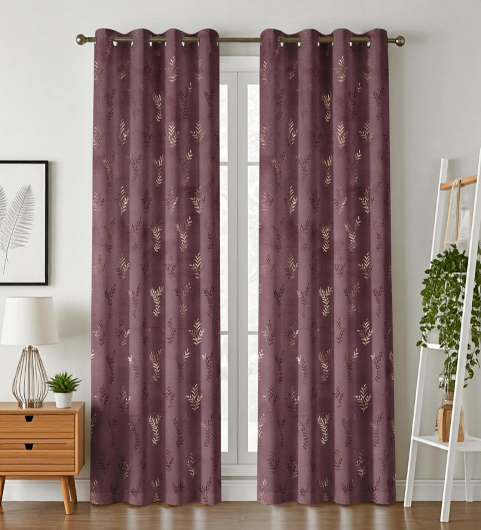 Red Velvet Leaf Print 9Ft Ring Top Long Door Curtain Pack of 1