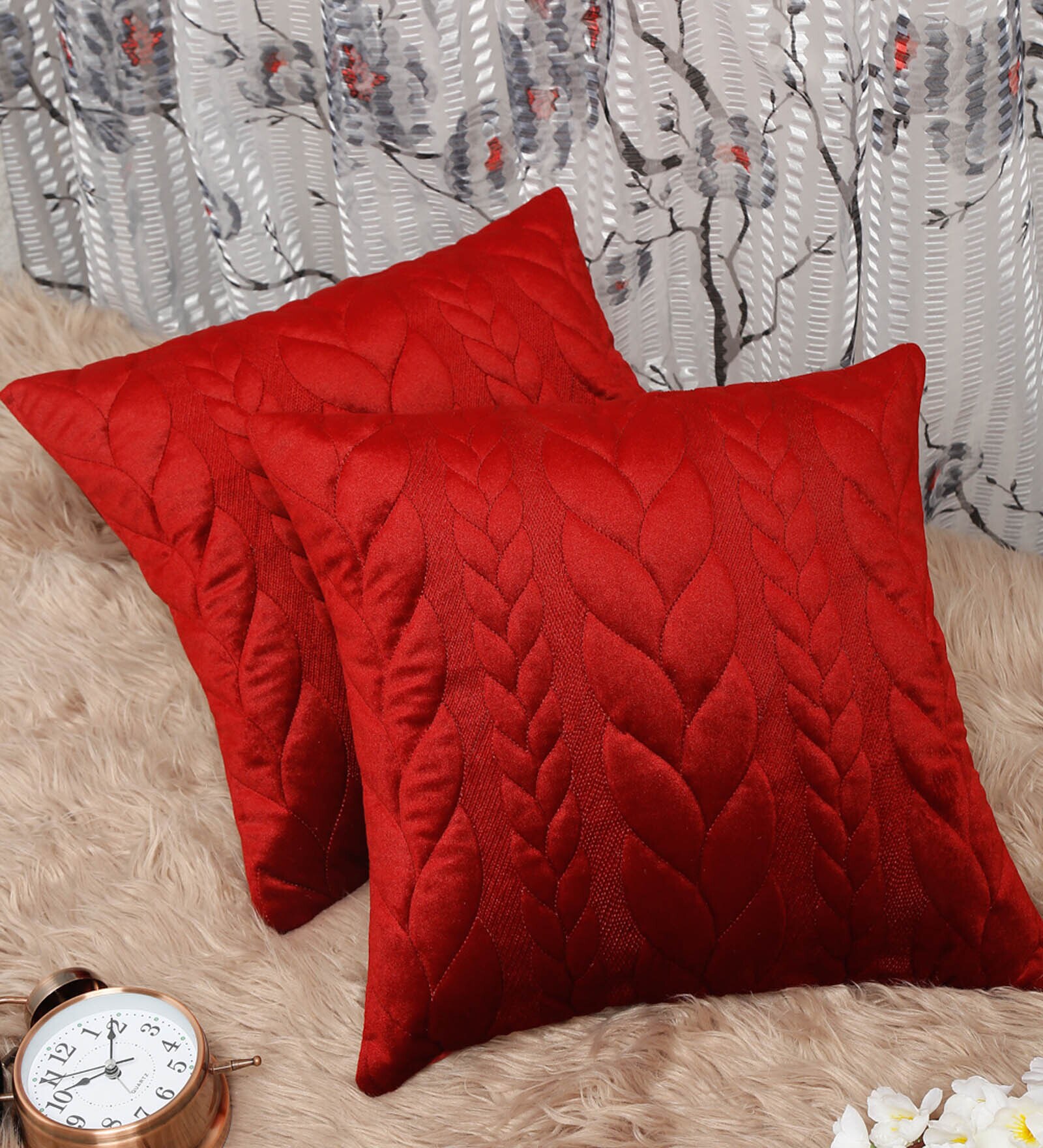 Buy Red Textured Velvet 16 x 16 Inches Cushion Covers (Set of 2) by Hosta Homes at 66 OFF by