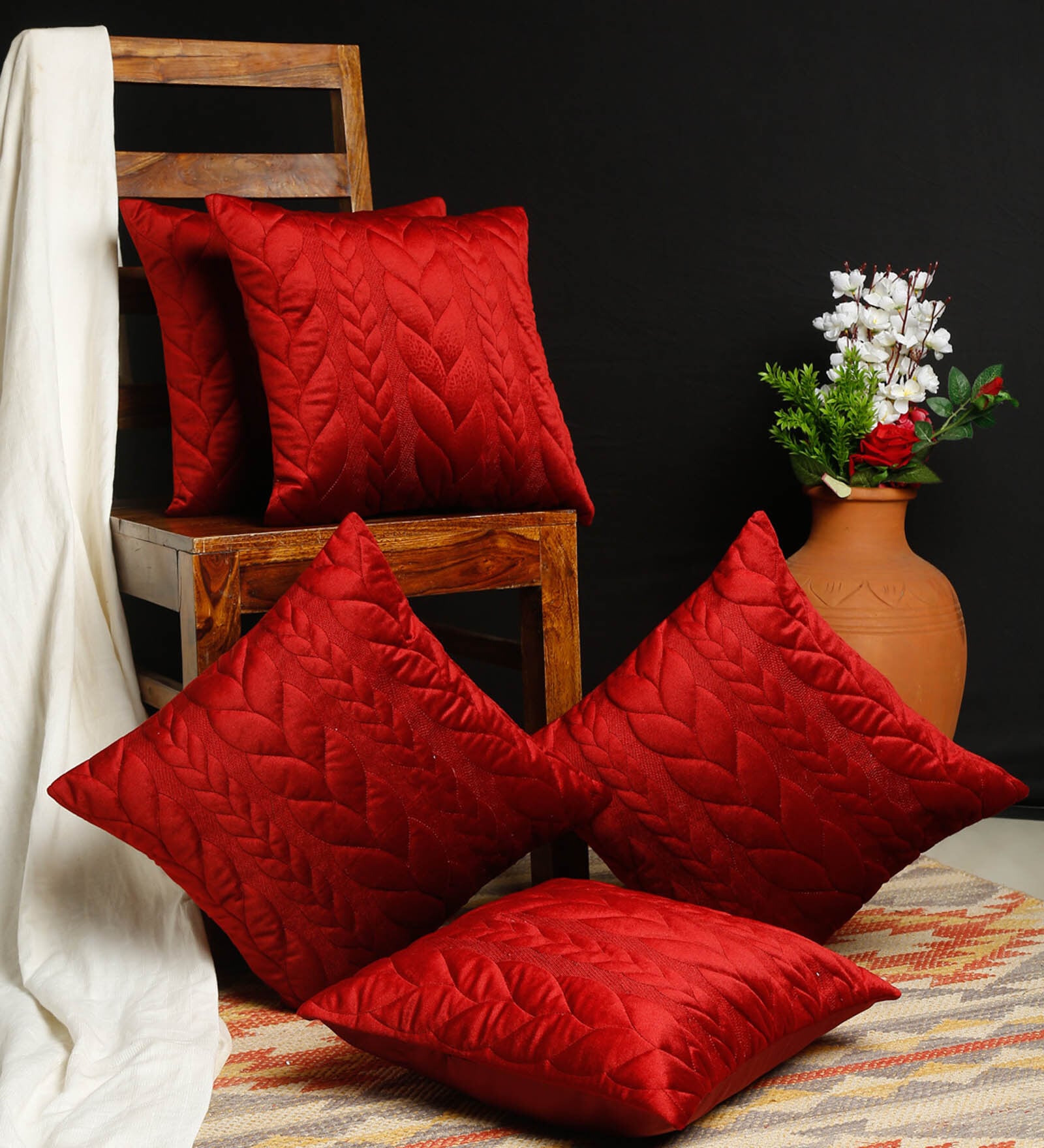 Red Textured Velvet 16 x 16 Inches Cushion Covers (Set of 5)