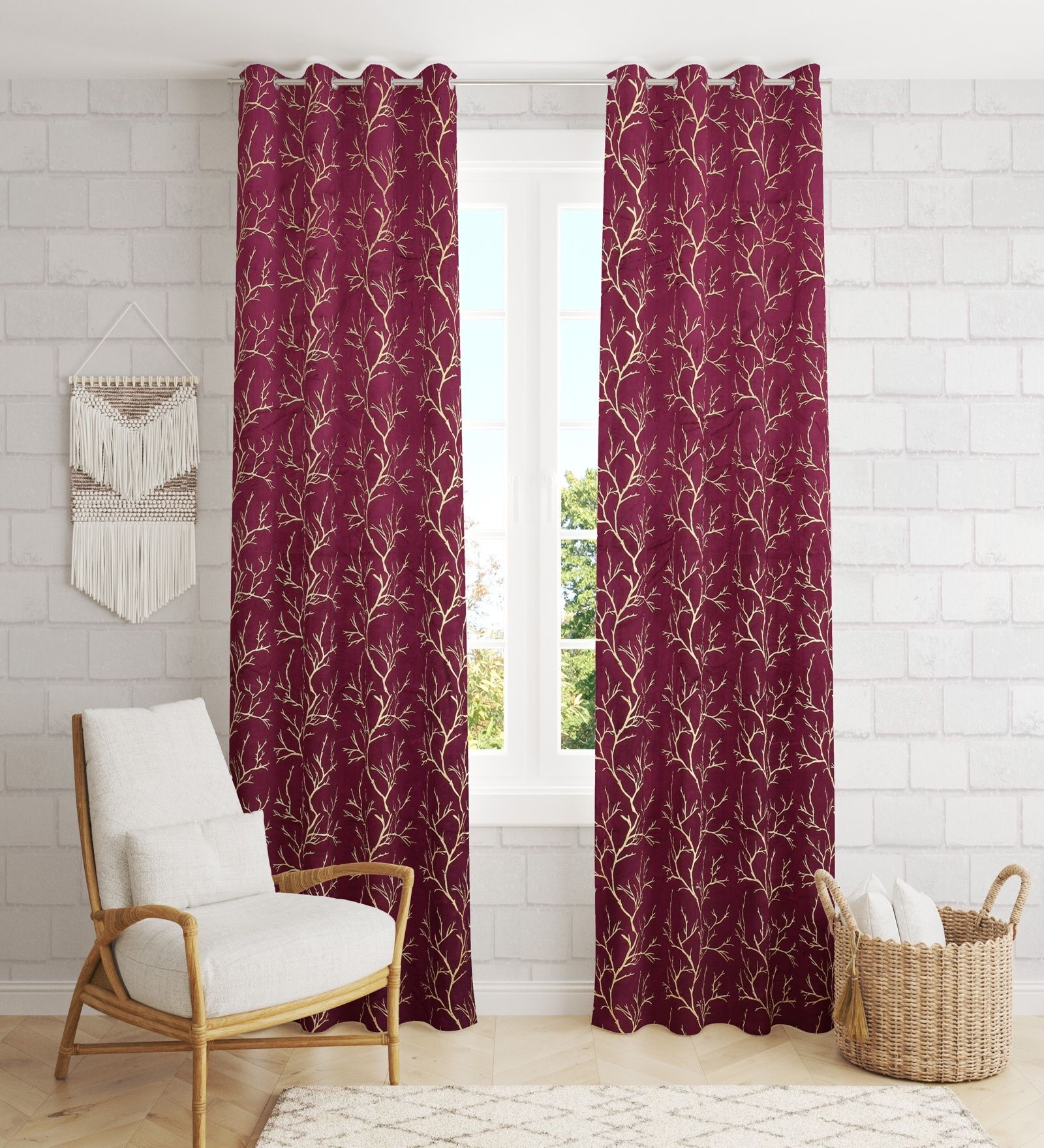 Red Velvet Tree Branch  9 Foot Ring Top Door Curtains Set Of 2