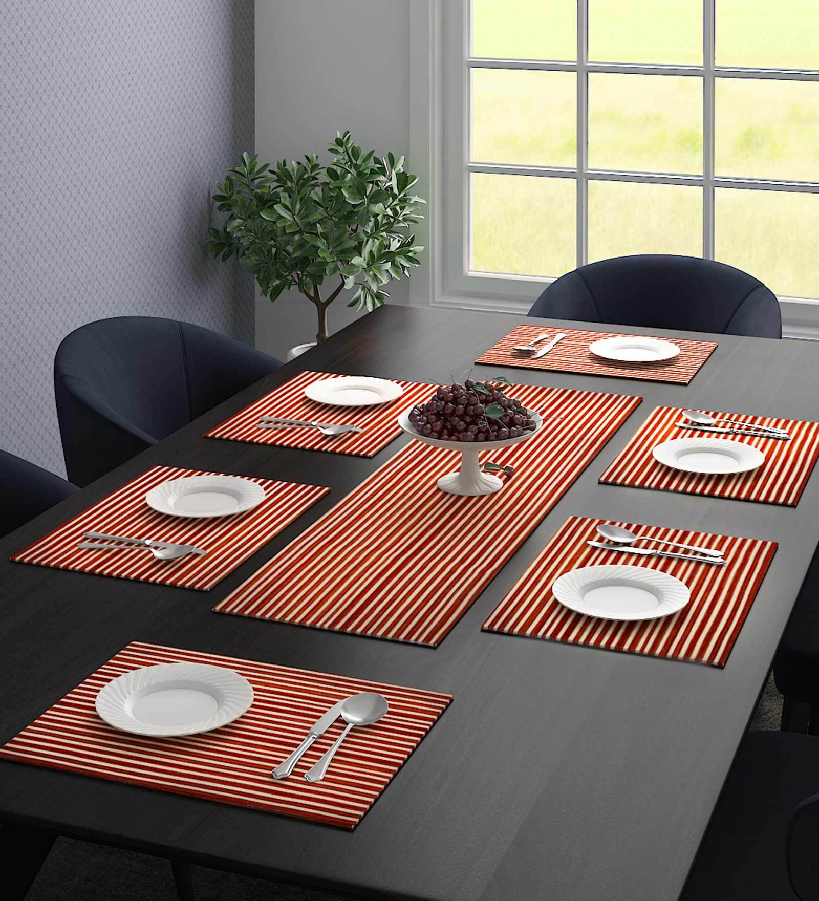 Stripped (18x13) Red Polyester (Set of 7) Table Linen Set
