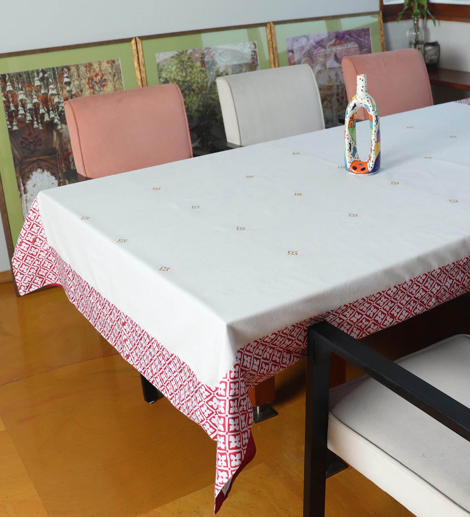 Red White Floral Cotton Blend (52 x 84 ) Table Cloth