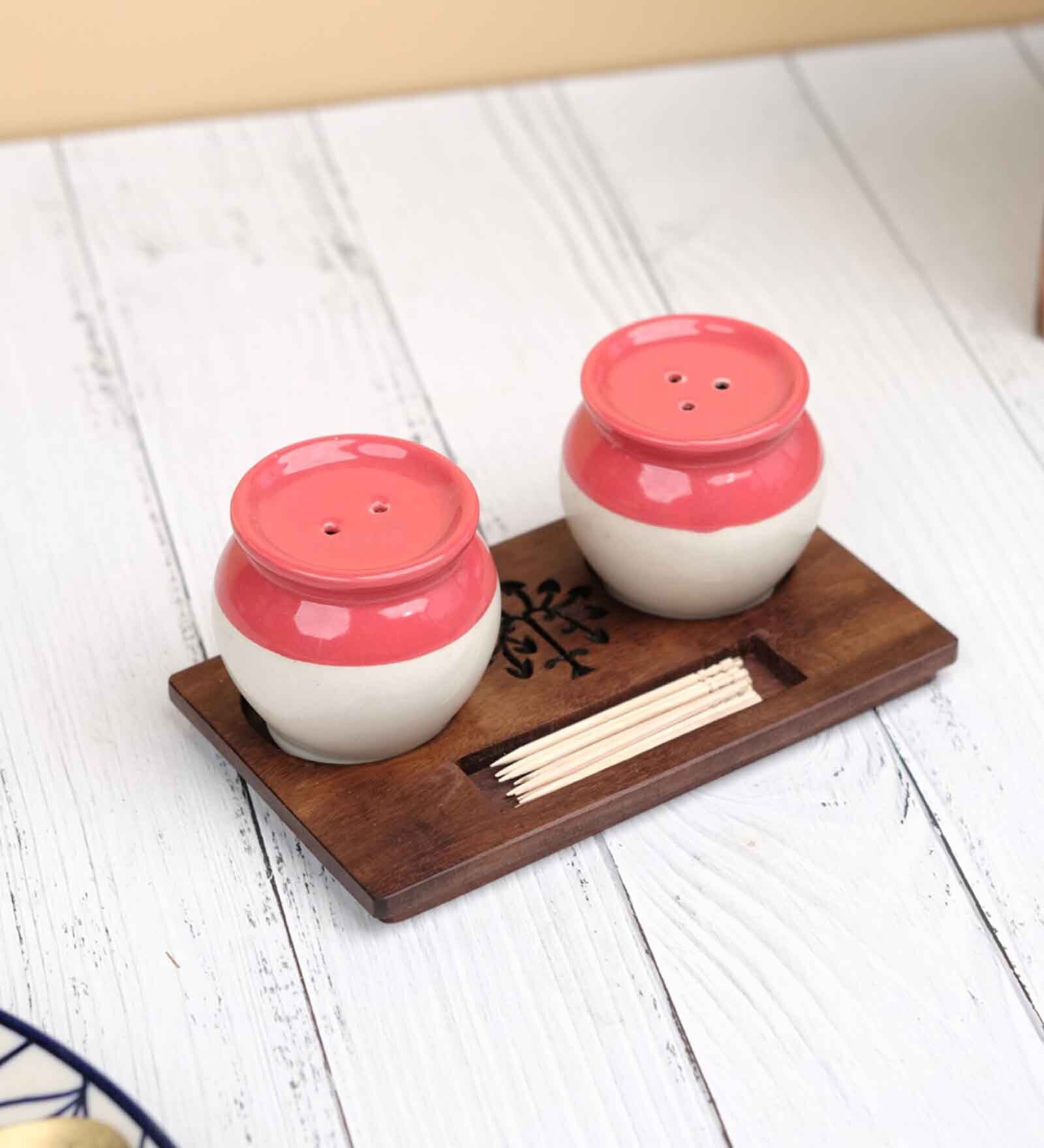 Red White Handi Ceramic Salt n pepper & Wooden Toothpick Tray Holder