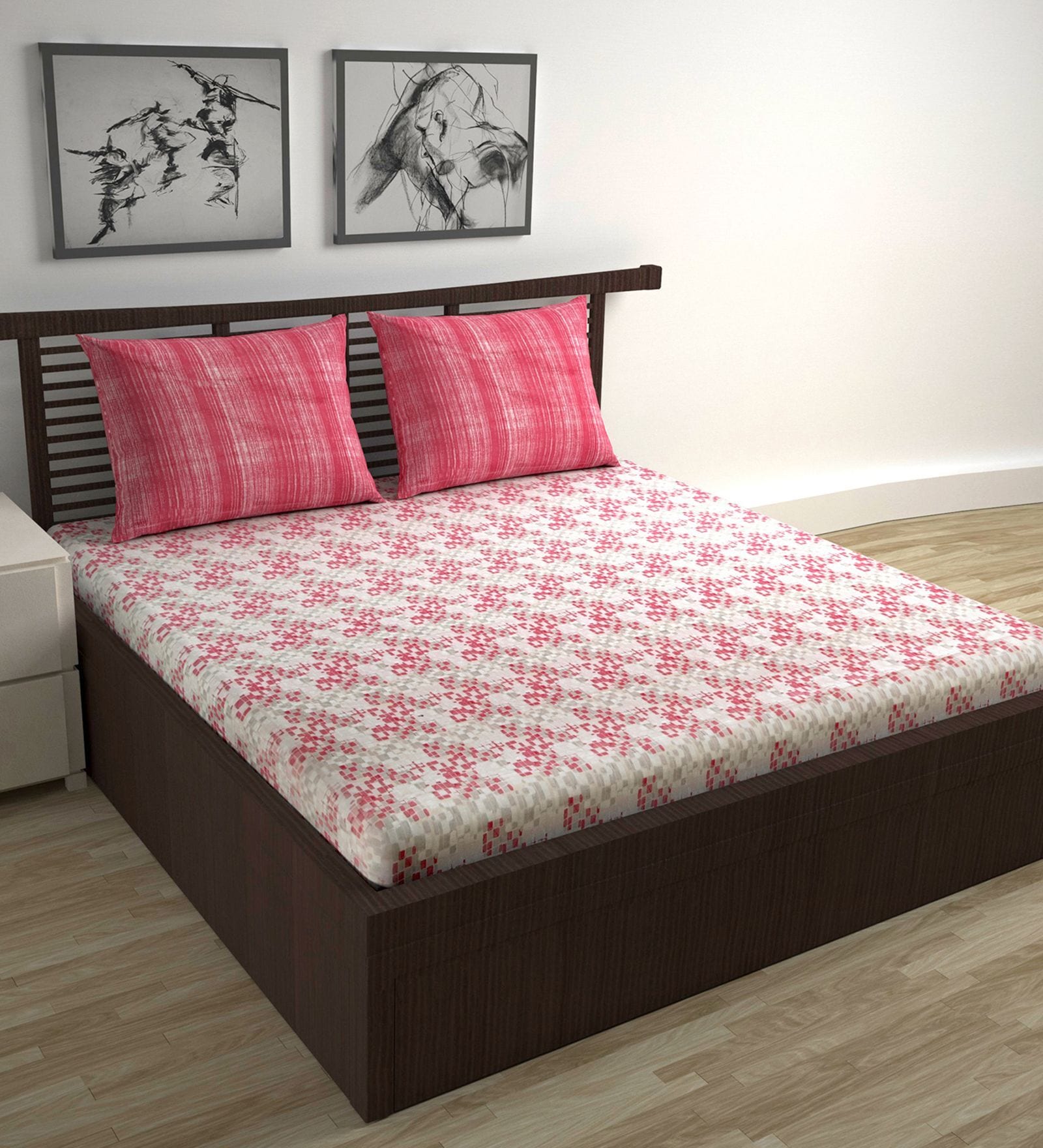 Red Whitee Abstract 144 Tc Cotton Double Bedsheet With 2 Pillowcovers