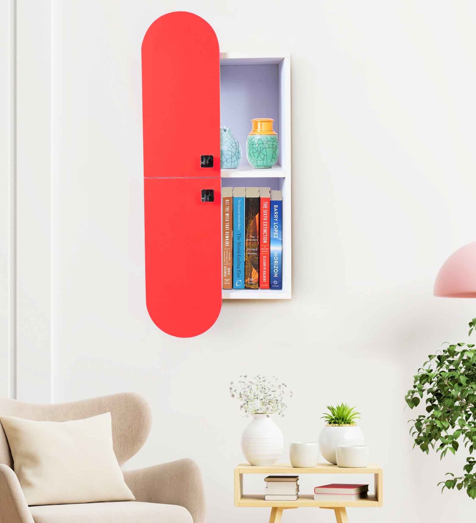 Red Wood & Metal Wall Shelf