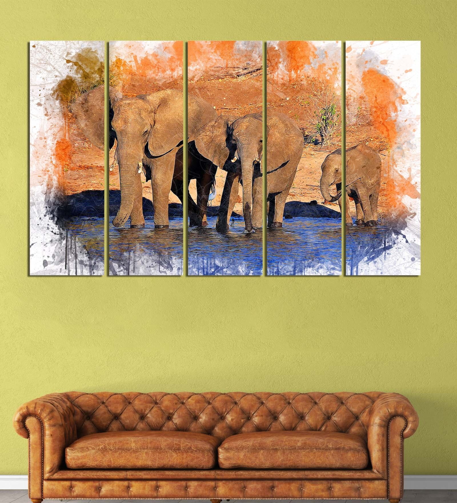Red Wood Multiple Frames Beautiful Elephants Art Panels