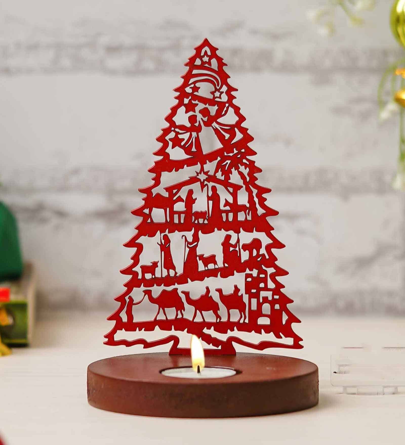 Red Wood Tea Light Candle Holder