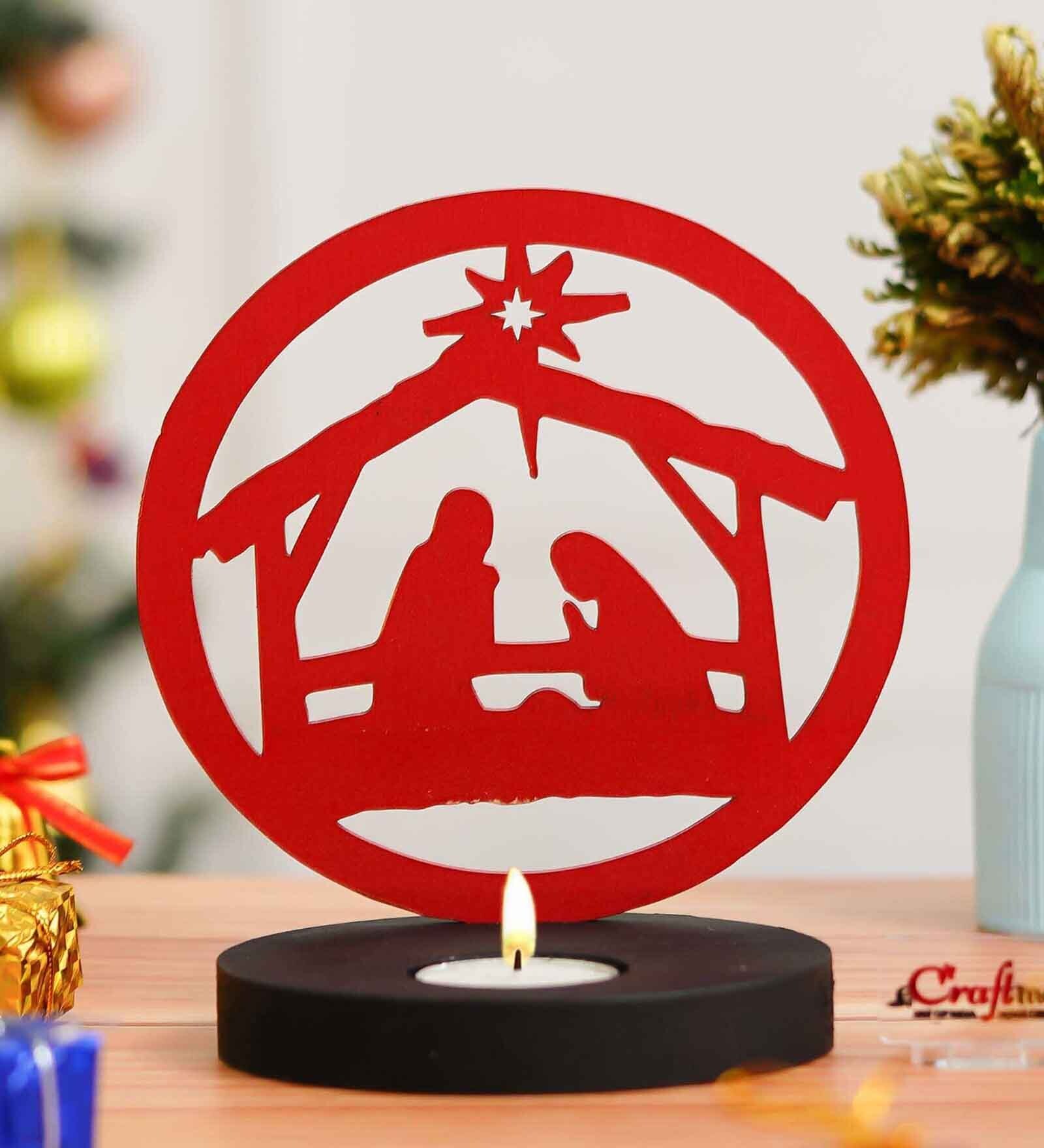 Red Wood Tea Light Candle Holder