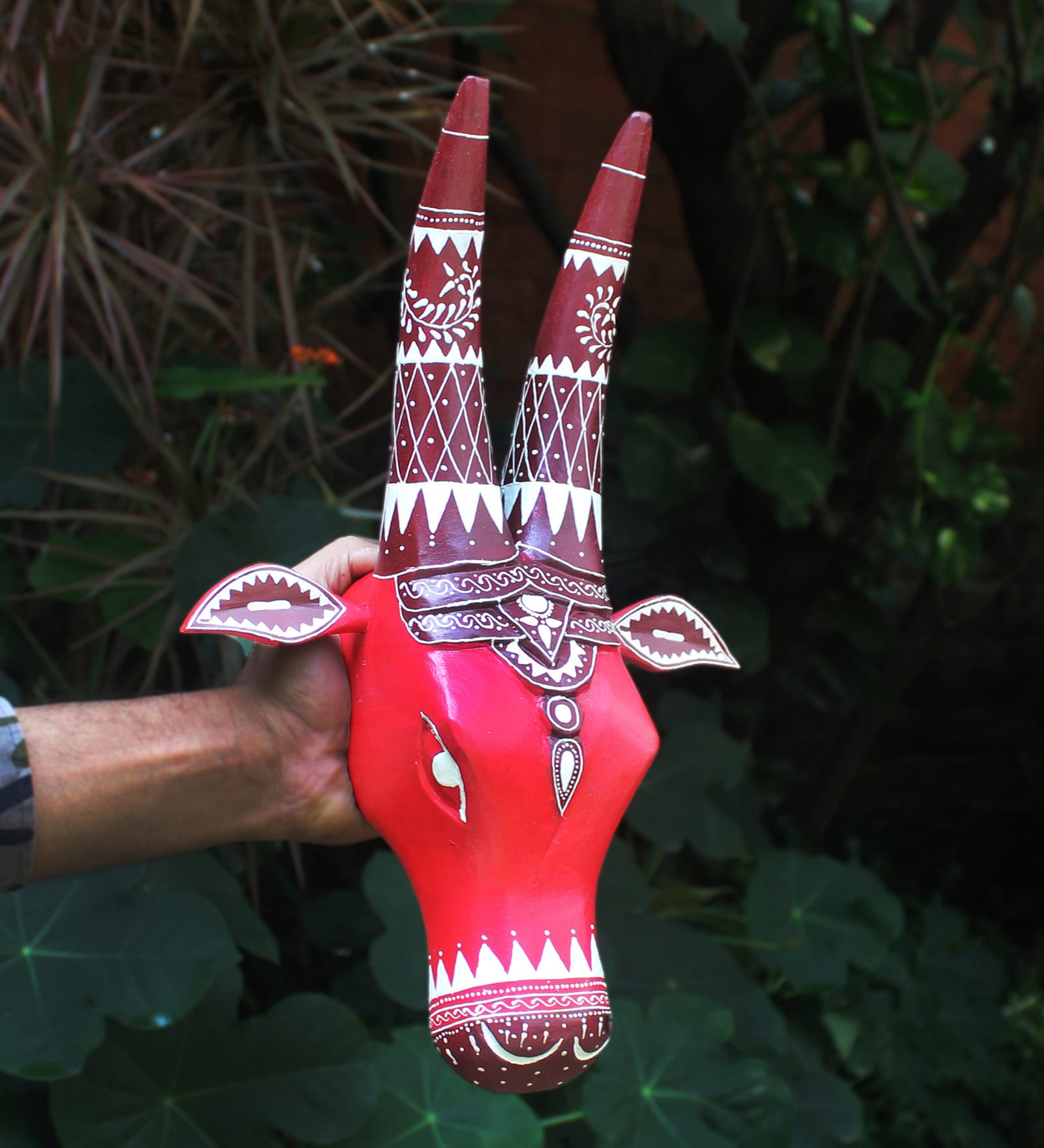 Red Wooden Hand Painted Pichwai Cow Head Faux Animal Bust