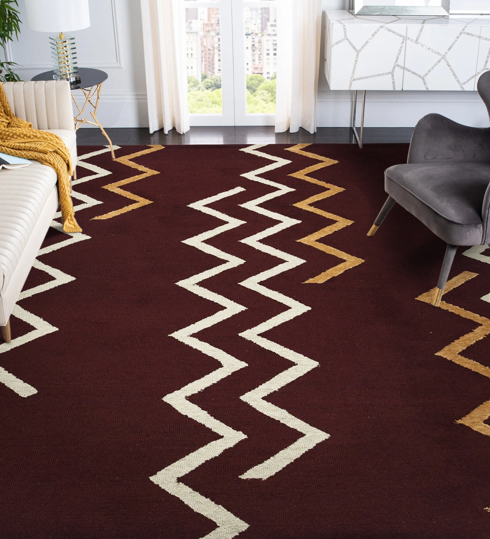Maroon Abstract Blended Wool 6 ft x 9 ft Hand Tufted Carpet