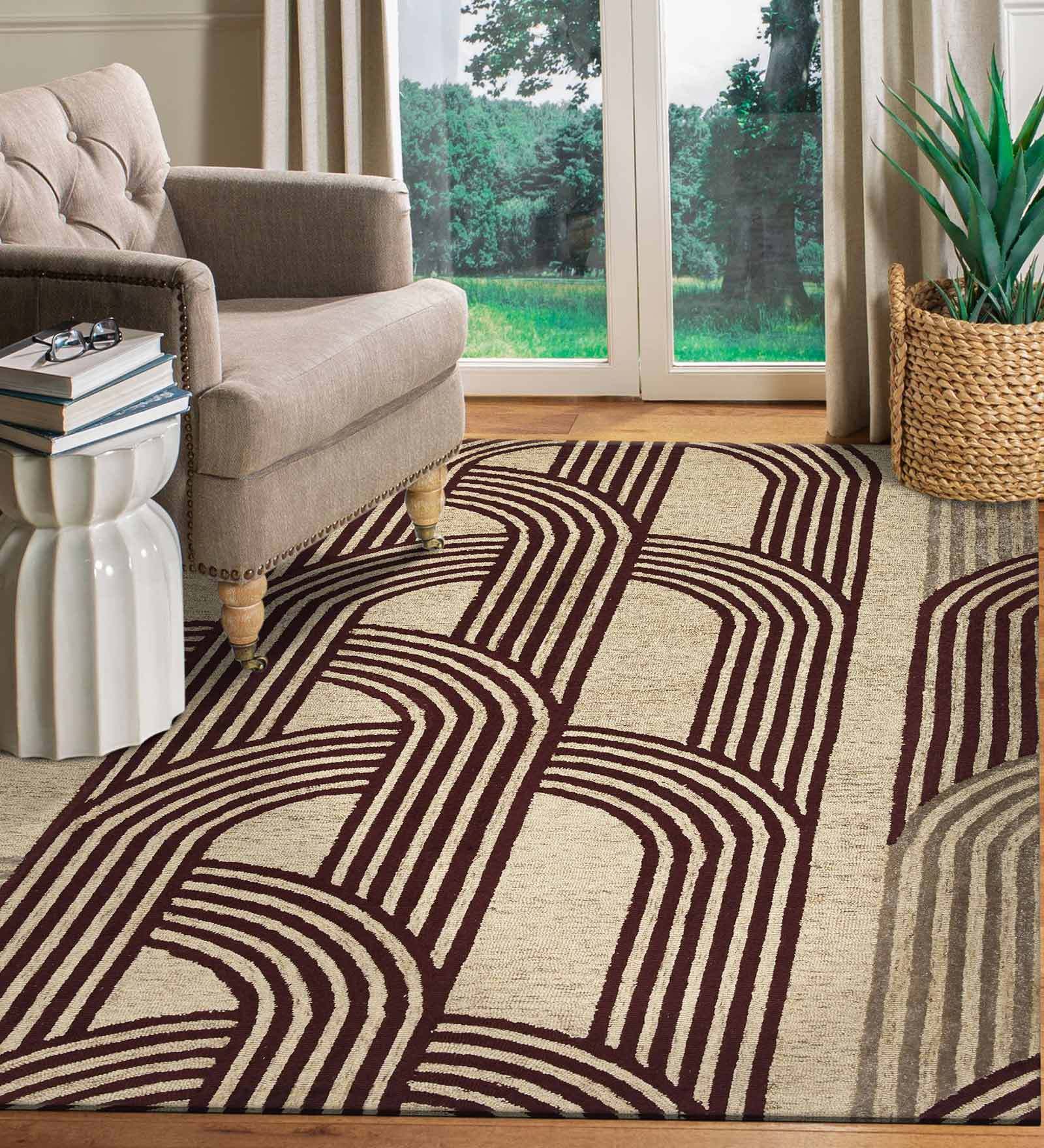 Beige Abstract Blended Wool 8 ft x 10 ft Hand Tufted Carpet