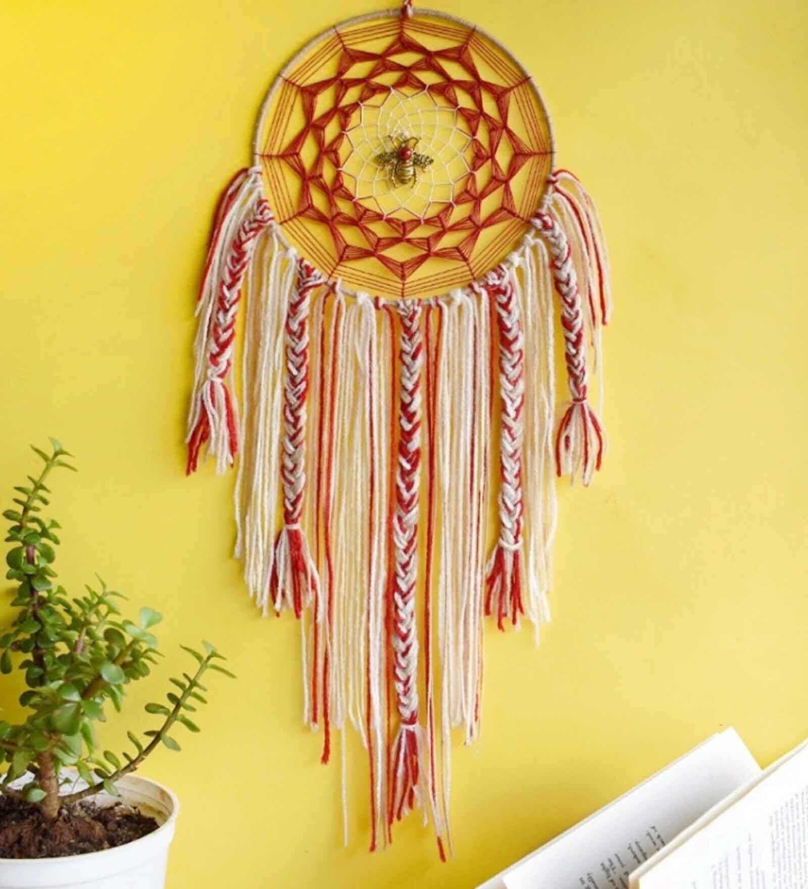 Red Wool and Cotton Cobweb Bee Dreamcatcher