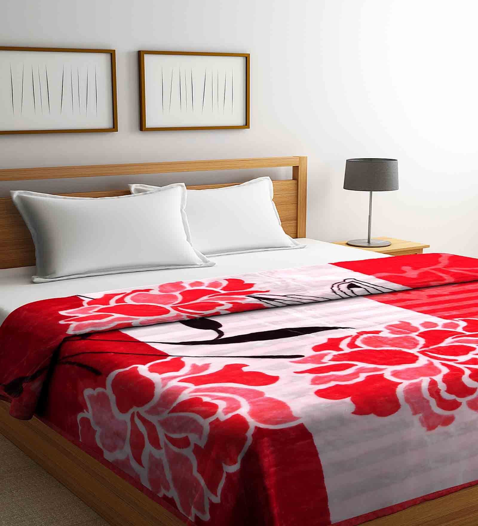 Red Floral Wool 600 GSM Double Bed Blanket