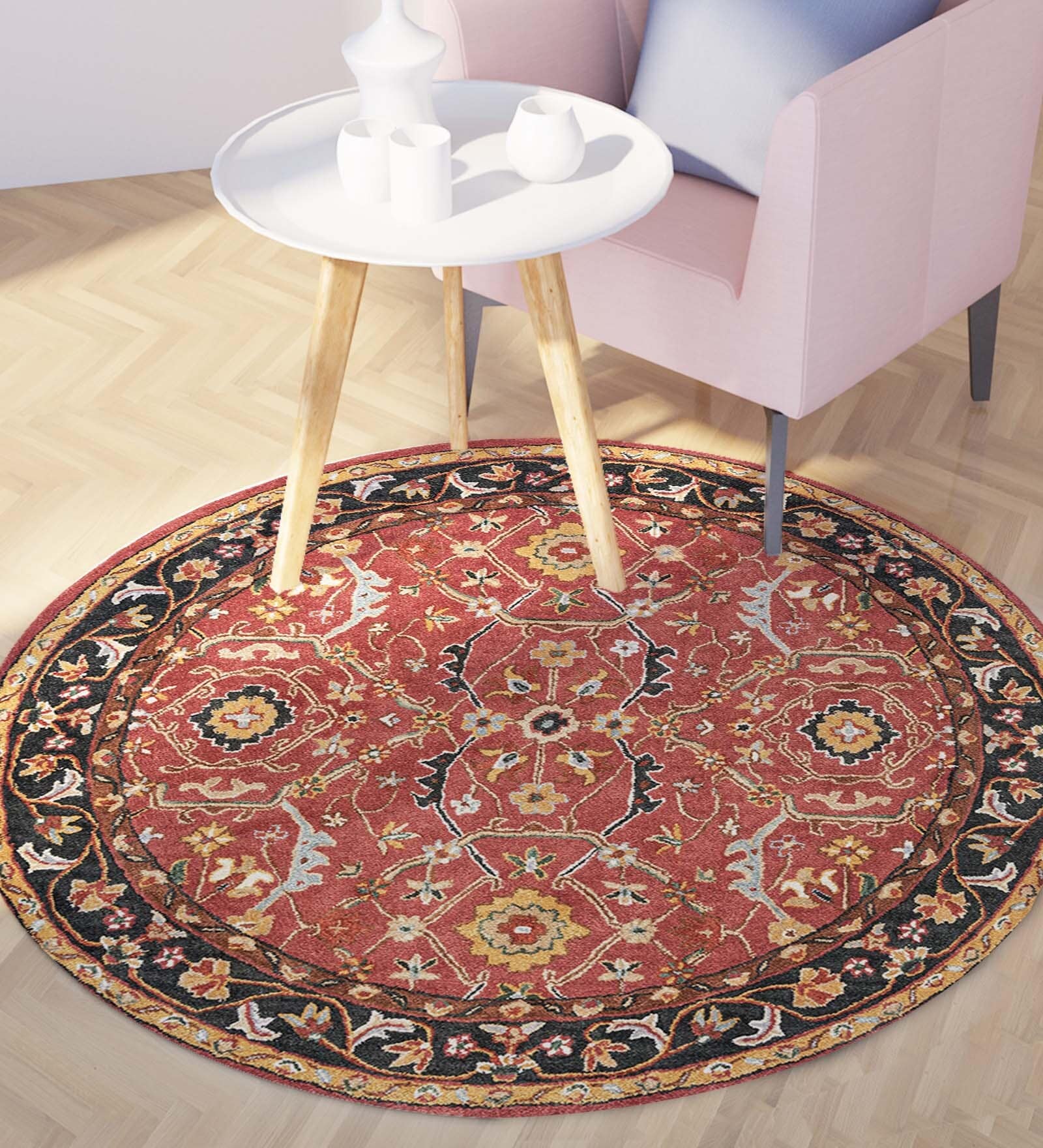 Red Persian Wool 6 ft x 6 ft Hand Tufted Round Carpet