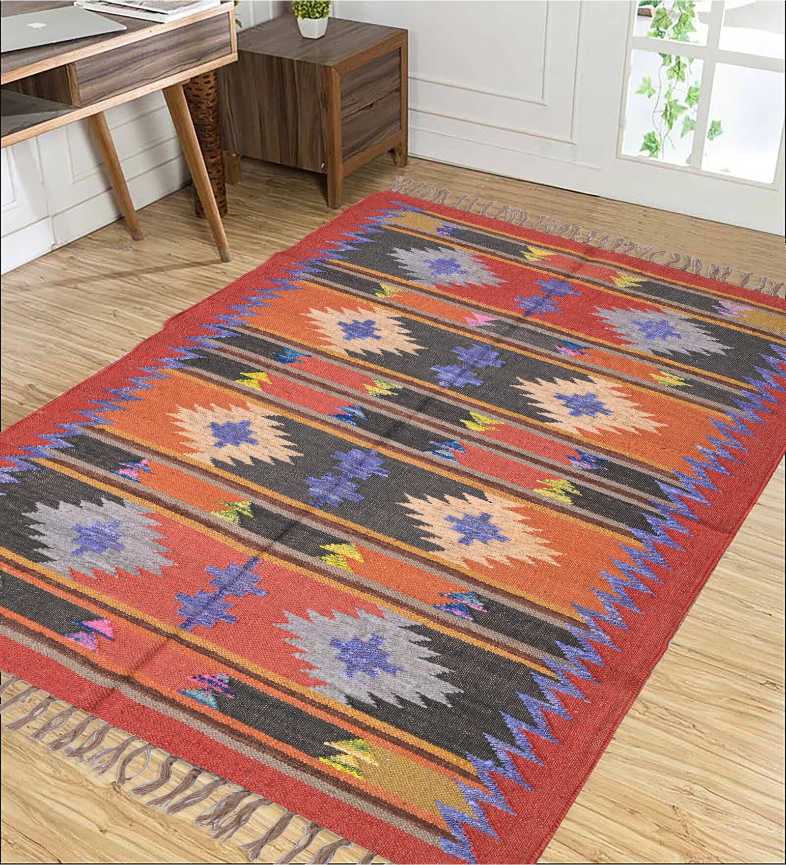 Red Wool & Jute Geometric 108 x 72 Inches Hand Woven Dhurries