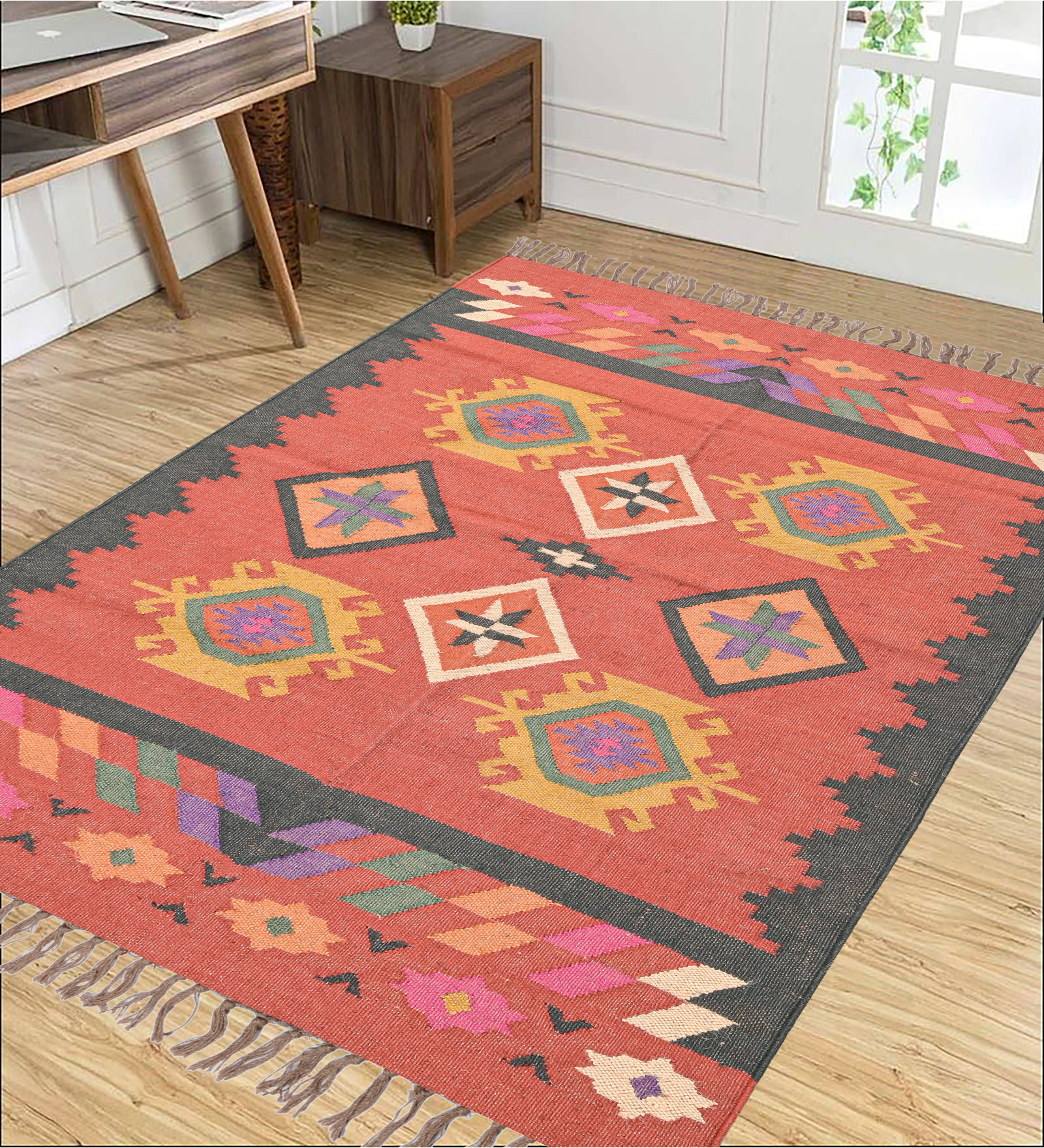 Red Wool & Jute Abstract 60 x 36 Inches Hand Woven Dhurries