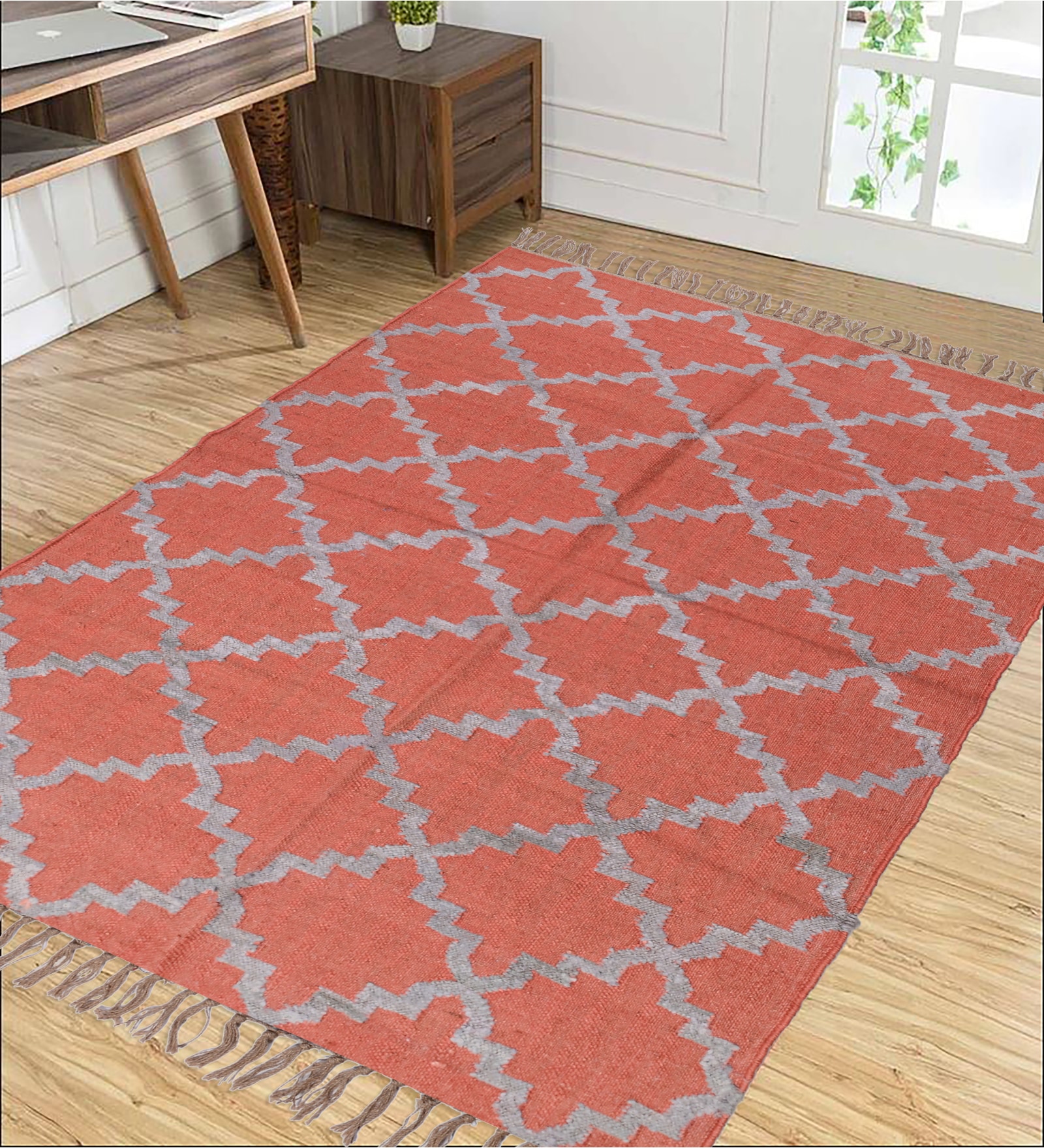 Red Wool & Jute Abstract 96 x 60 Inches Hand Woven Dhurries