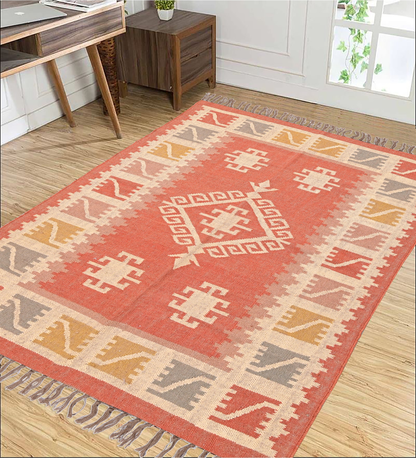 Red Wool & Jute Traditional 96 x 60 Inches Hand Woven Dhurries