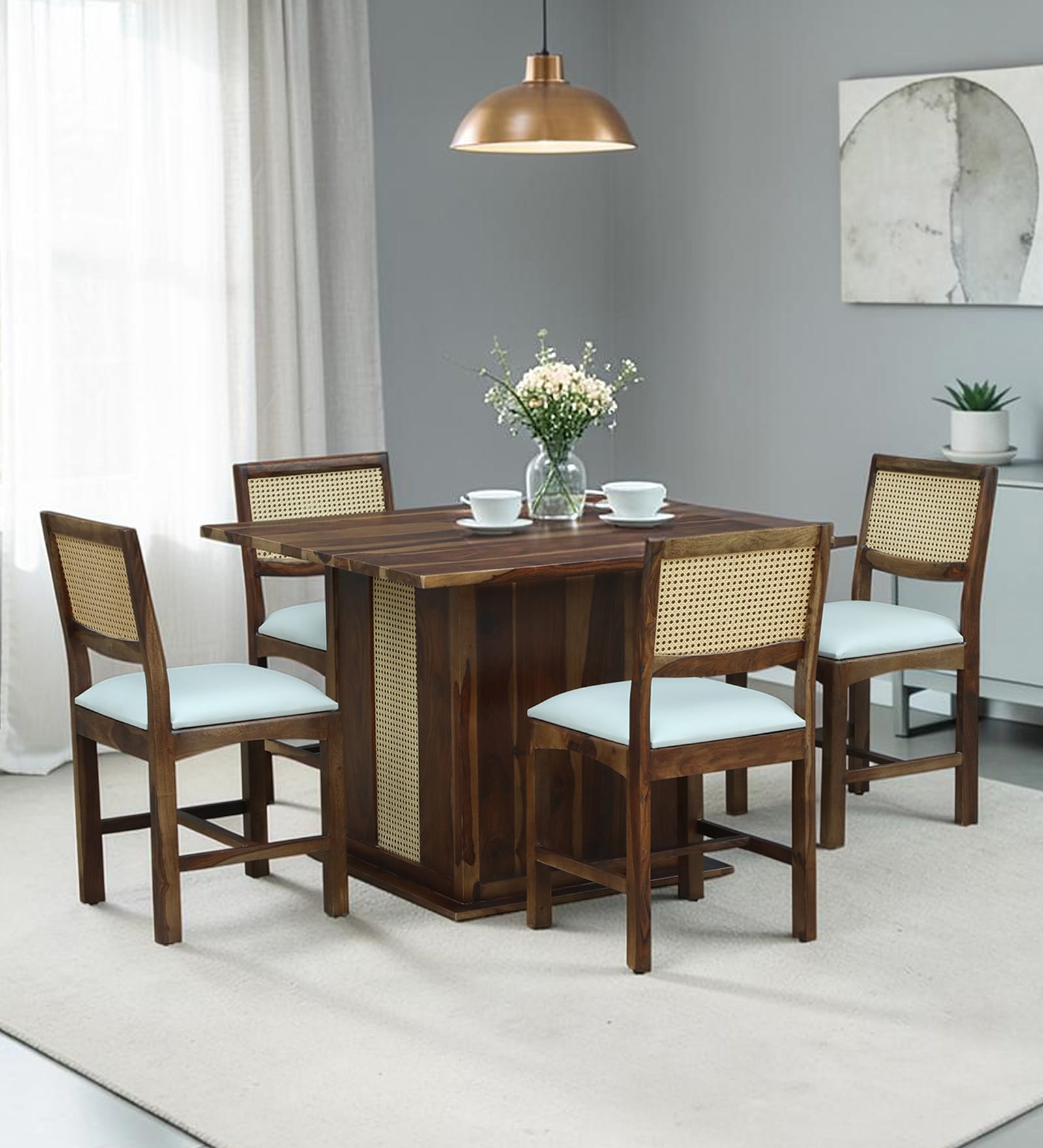 Reed Sheesham Wood 4 Seater Dining Set in Provincial Teak Finish Reed Sheesham Wood 4 Seater Dining Set in Provincial Teak Finish