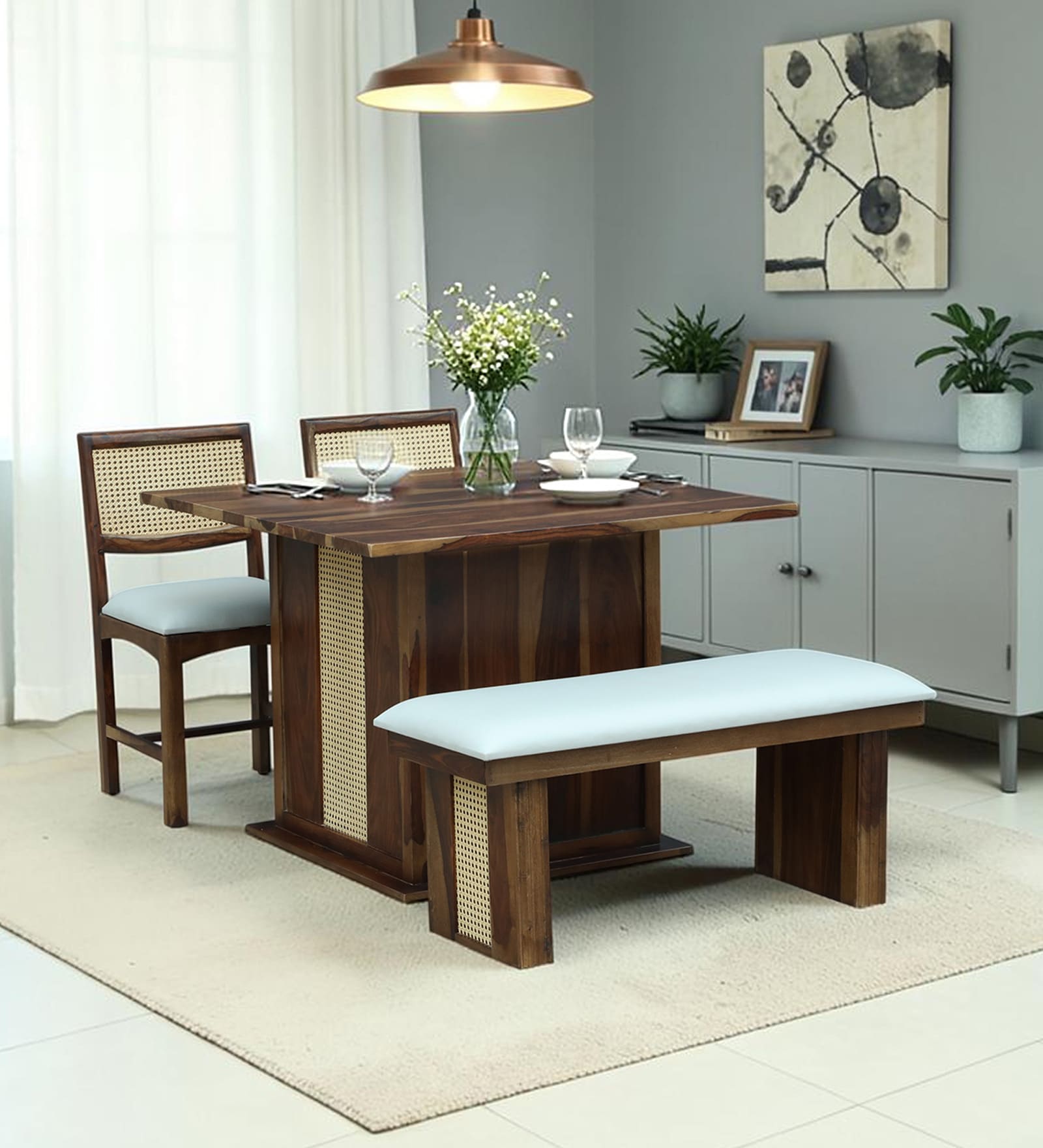 Reed Sheesham Wood 4 Dining Set with Bench in Provincial Teak Finish Reed Sheesham Wood 4 Dining Set with Bench in Provincial Teak Finish