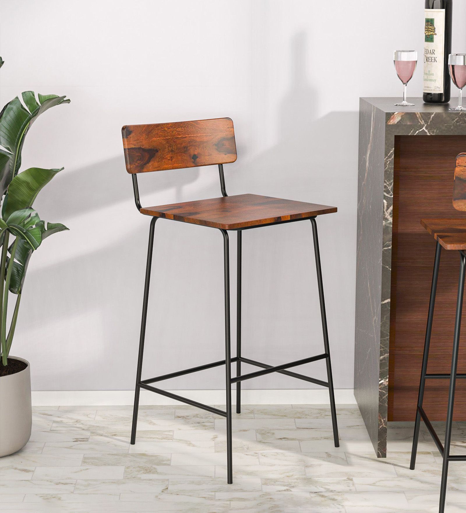 Reef Solid Wood Bar Stool in Walnut Finish