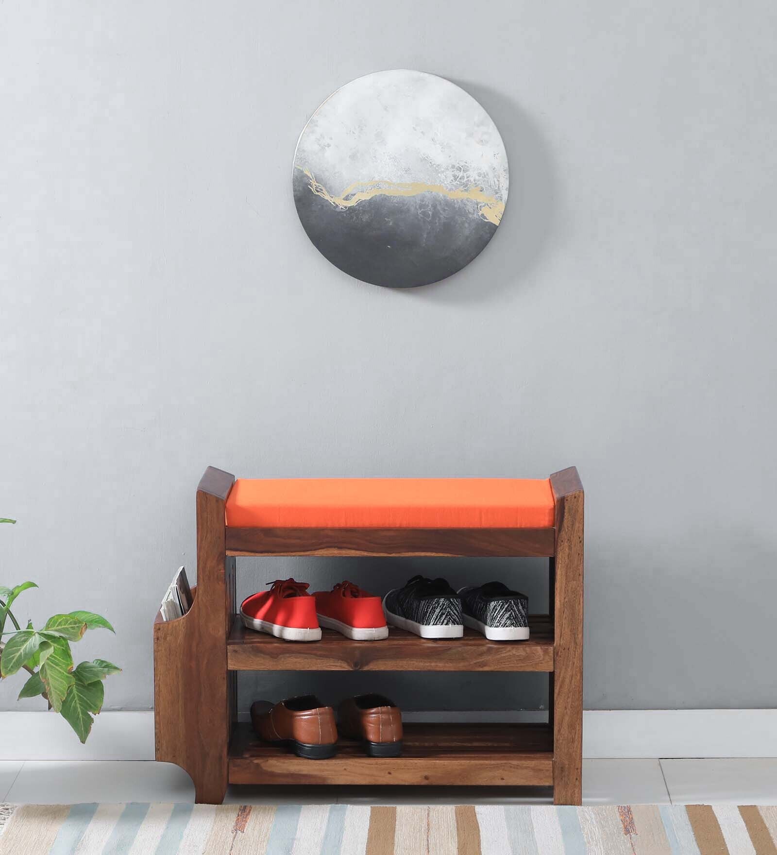 Tobaj Sheesham Wood Shoe Rack With Seating in Scratch Resistant Rustic Teak Finish