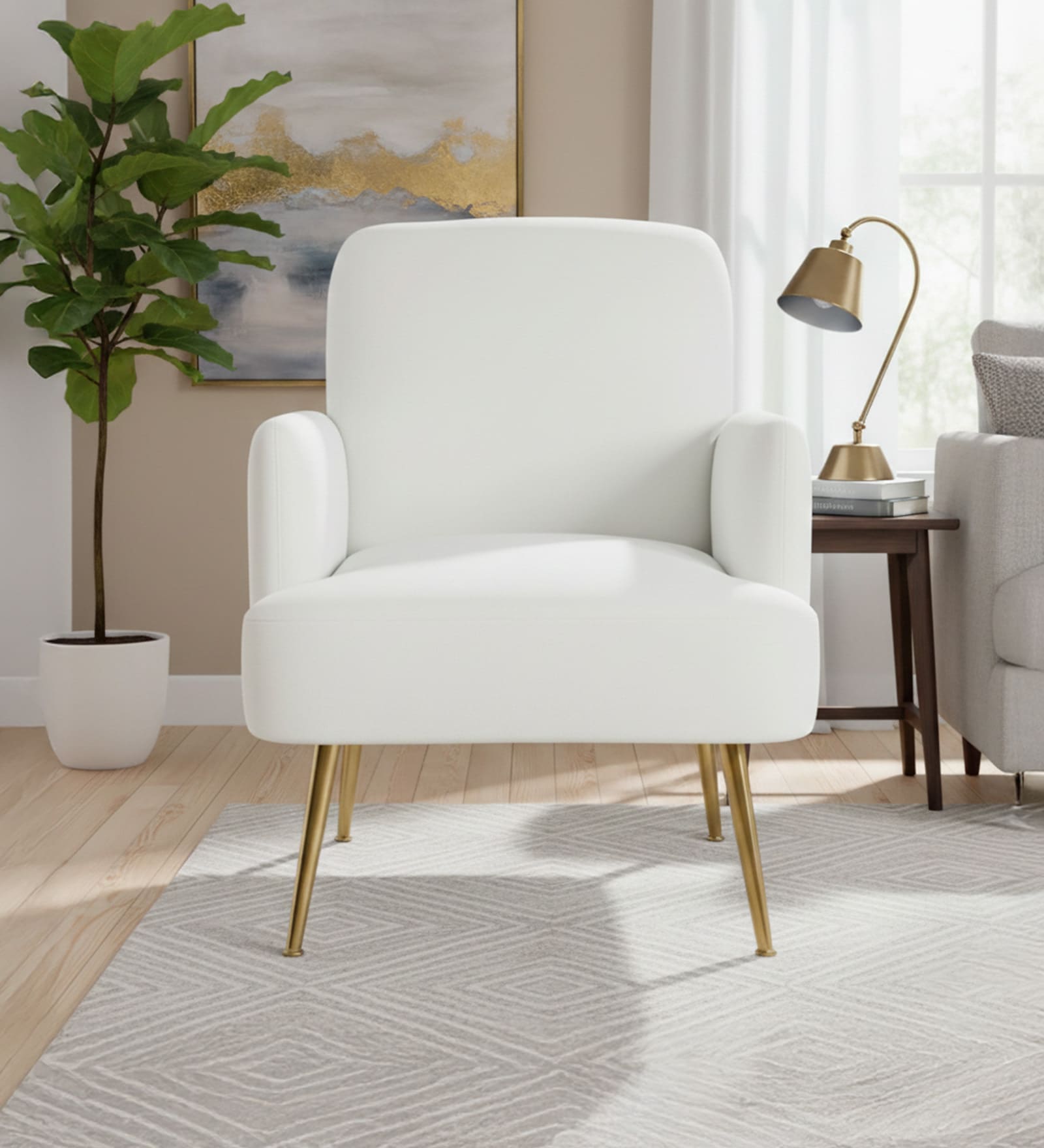 Regal Gold Legs Velvet Fabric Lounge Chair In Cream Colour