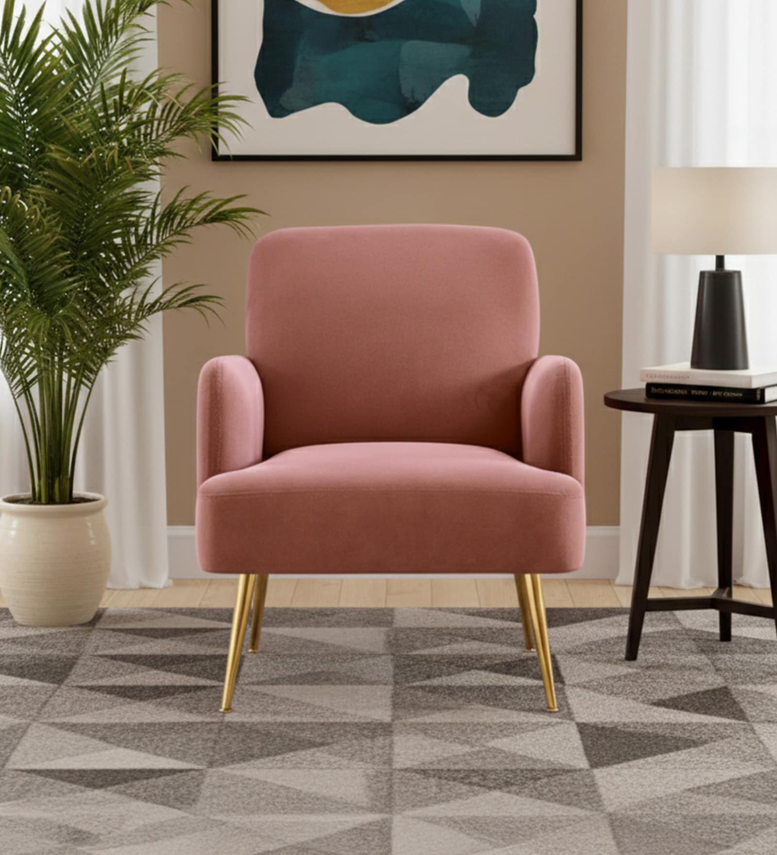 Regal Gold Legs Velvet Fabric Lounge Chair In Rose Colour