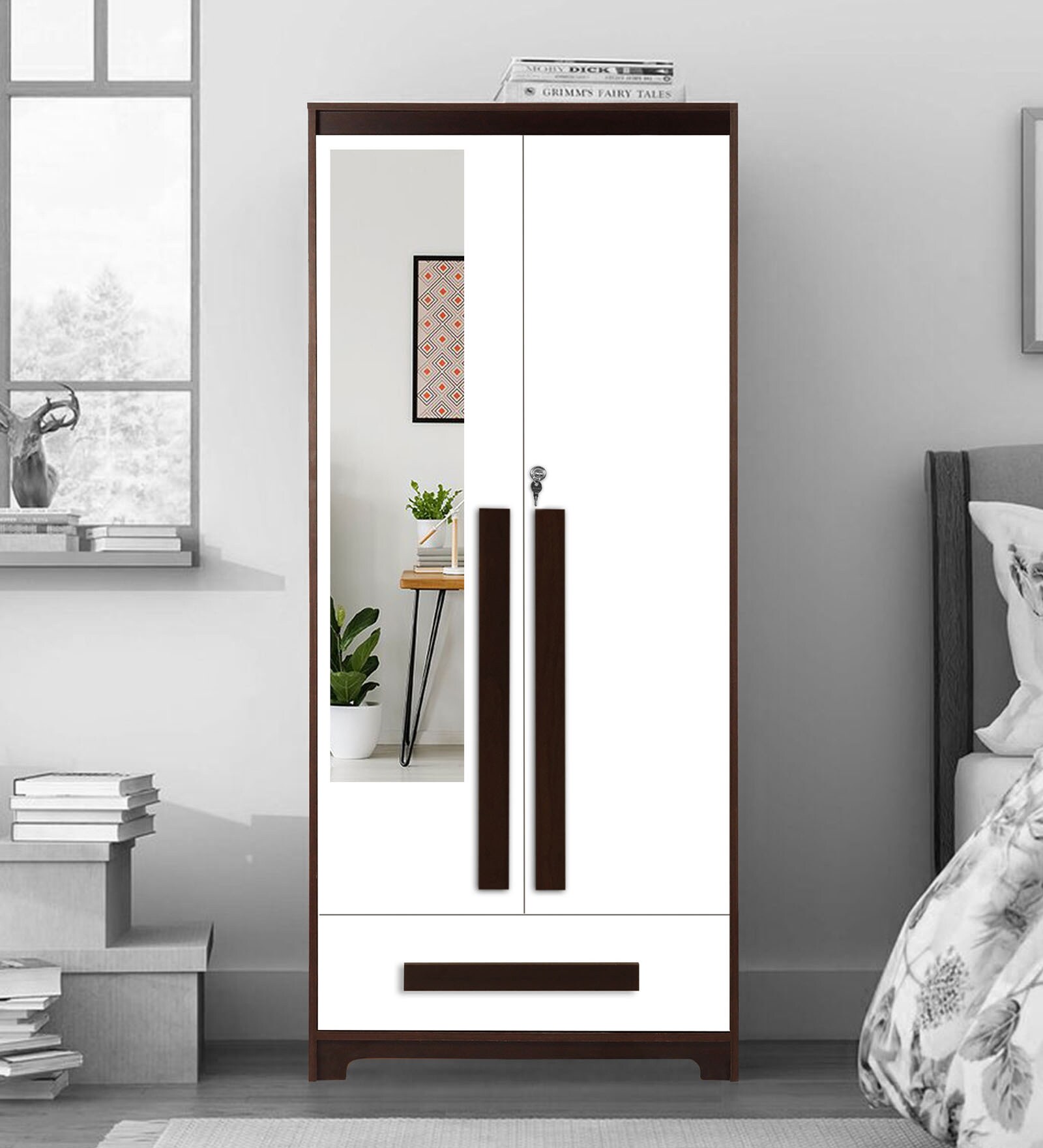 Regal Grand 2 Door Wardrobe in Walnut & White Finish with Mirror