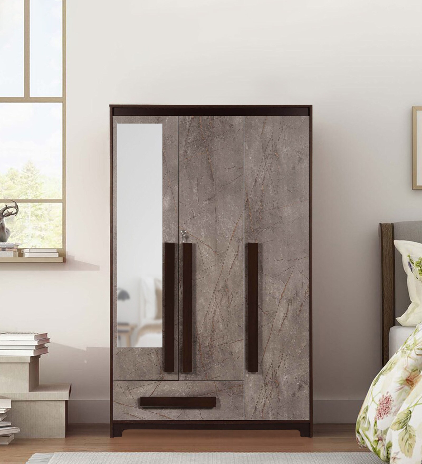 Regal Grand 3 Door Wardrobe in Walnut marble Finish with Mirror