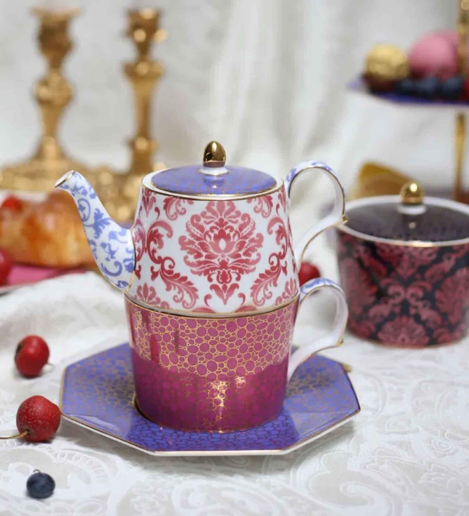 Regal Petal Baroque Premium Tea Pot Set with Infuser, Handcrafted Durable Single Cup and Kettle Se