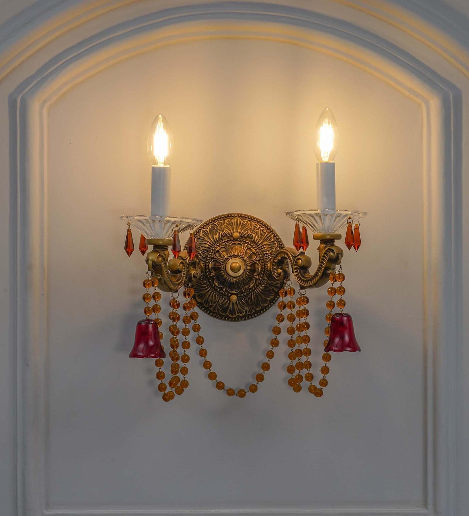 Regalia 2-Light Antique Brass Wall Light With Crystal Drops Classic Decorative Double Arm Wall Lamp For Bedroom, Living Room & Hallway (E14 Compatible)