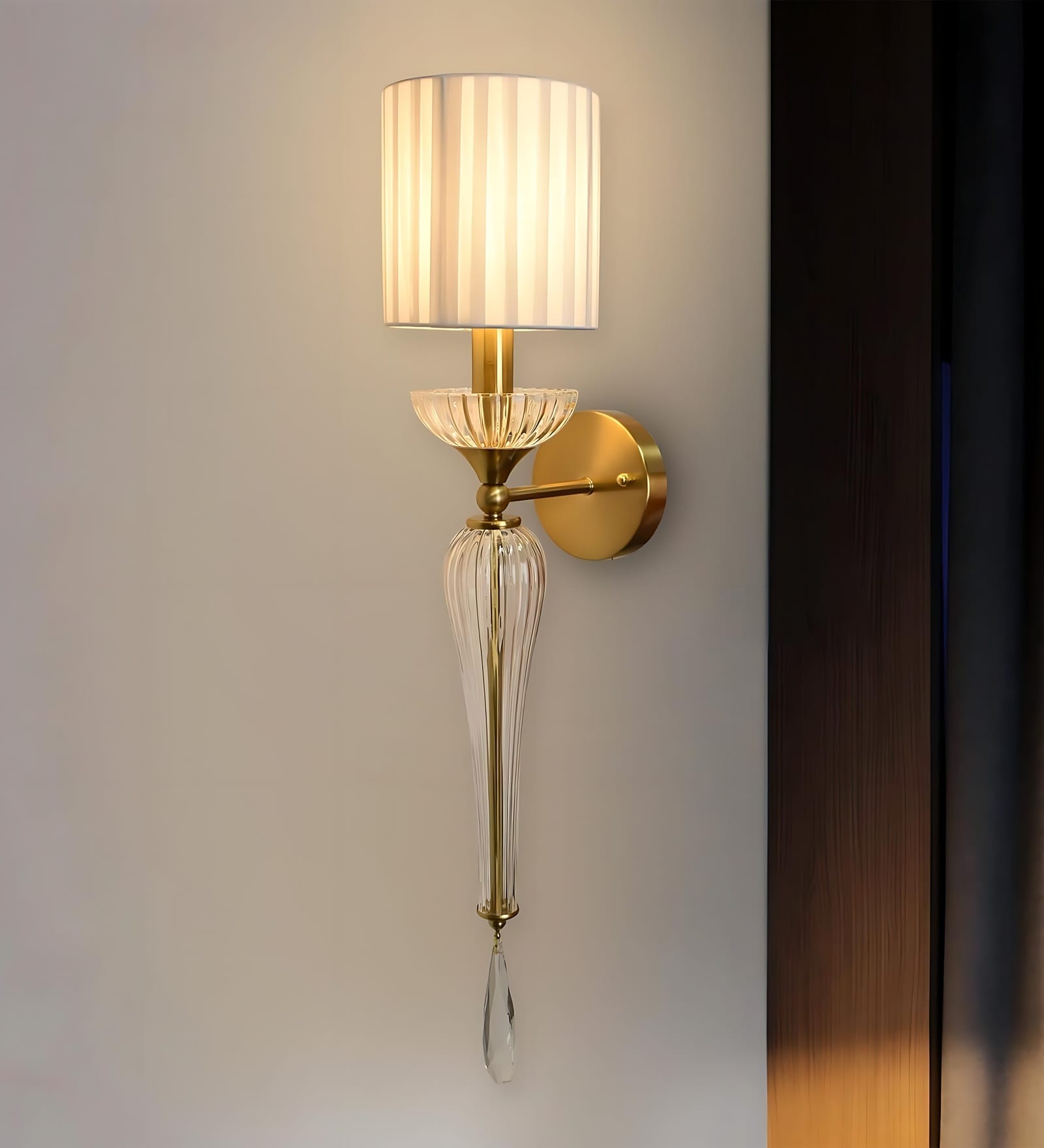 Regalia Luxury Crystal Wall Lamp | Wall Mounted Bedside Lamp | Gold Finish Fabric Shade Decorative Light for Living Room, Bedroom & Hallway | 3 Color LED Modes | Designer Wall Sconce