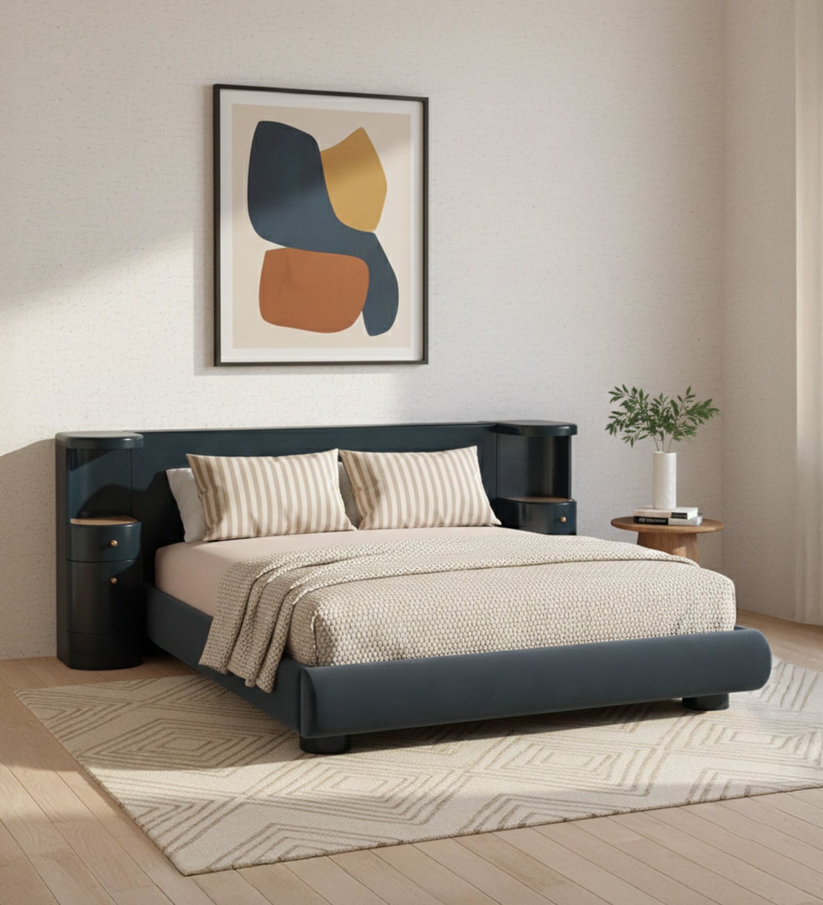 Regalis Block-Leg Panel Bed in Velvet With Oak wood Frame & Hydraulic Storage