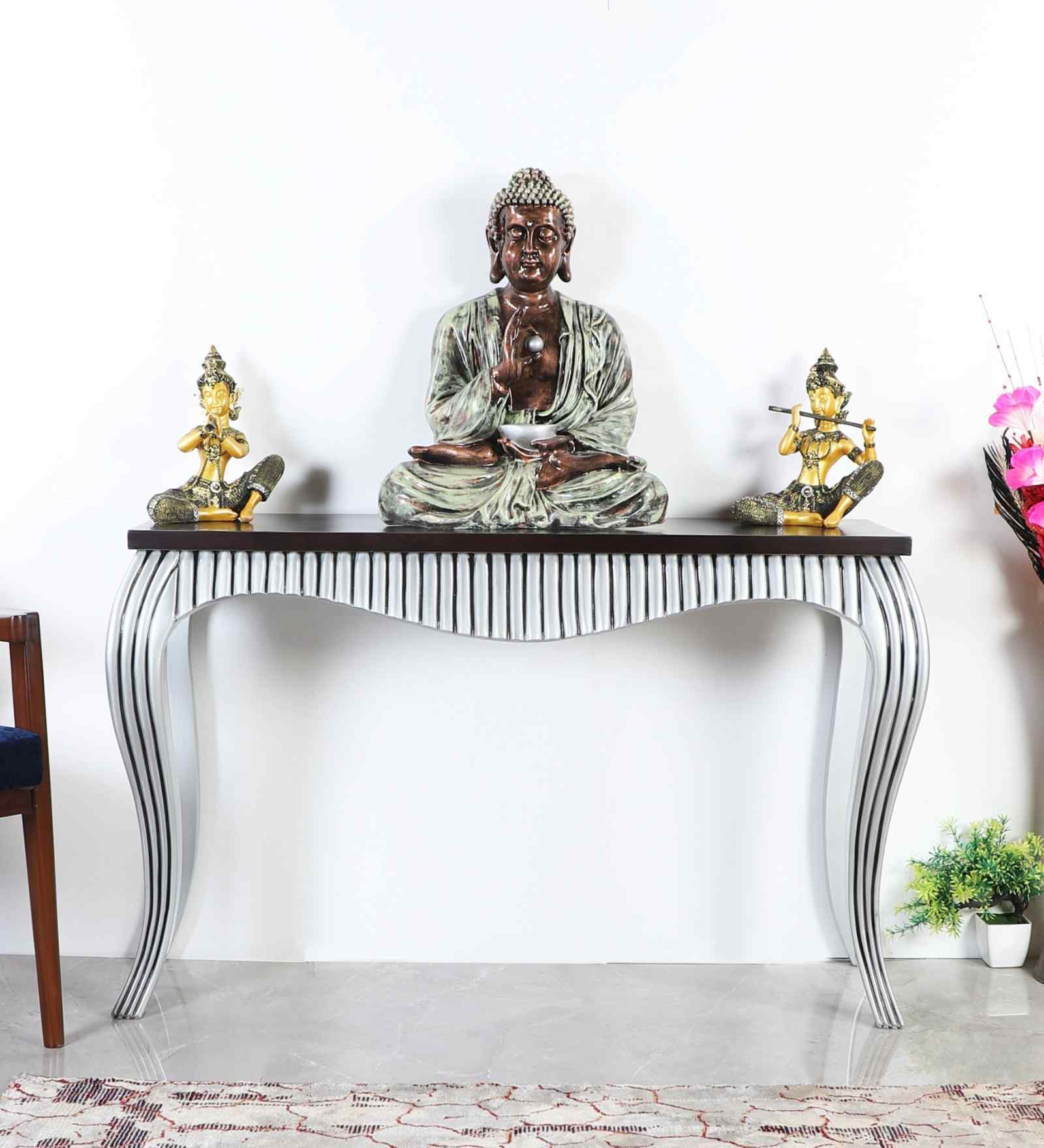 Regat Solid Wood Console Table In Silver Finish