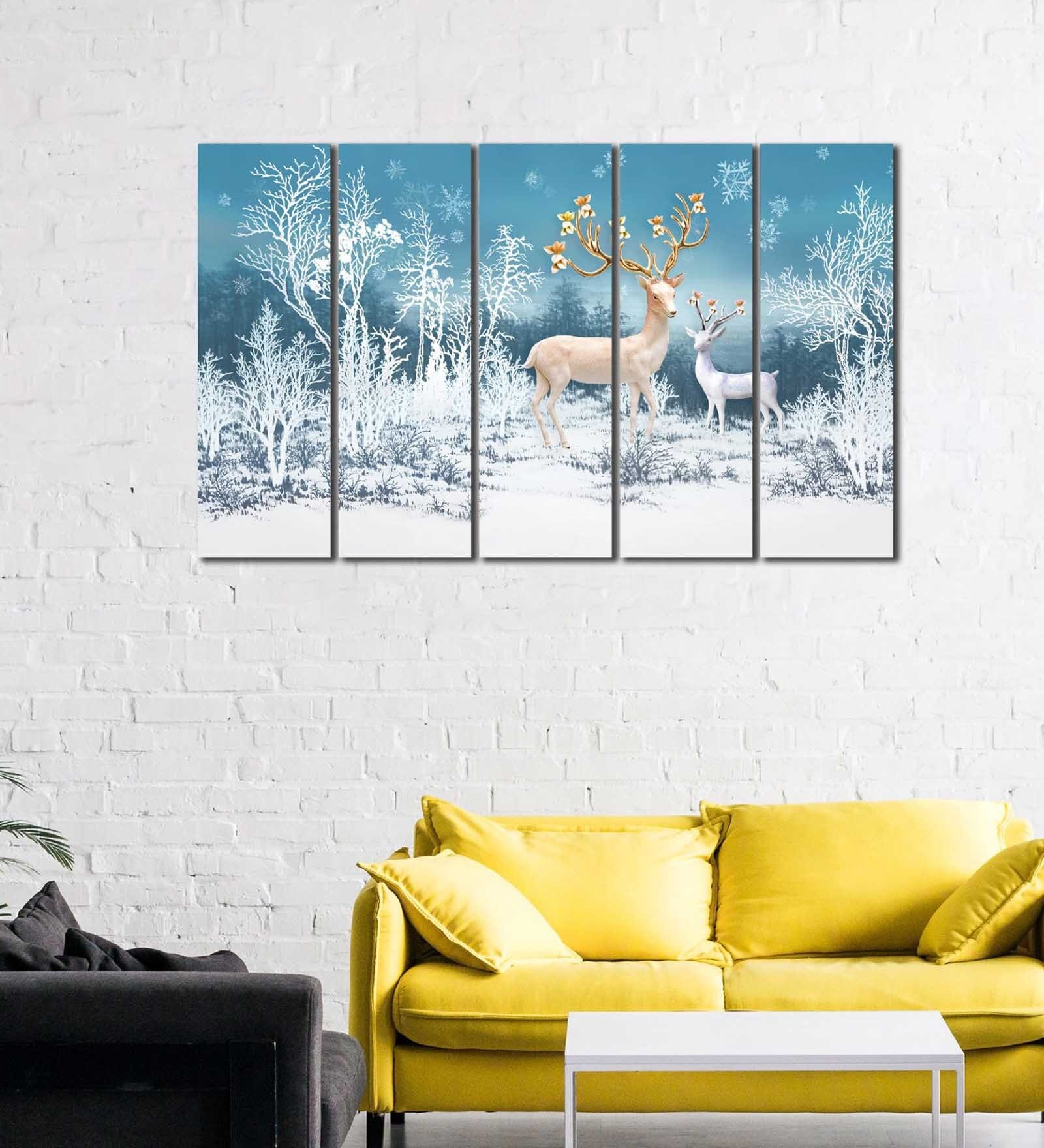 Reindeer Family in Forest MDF Art Panel Set of 5