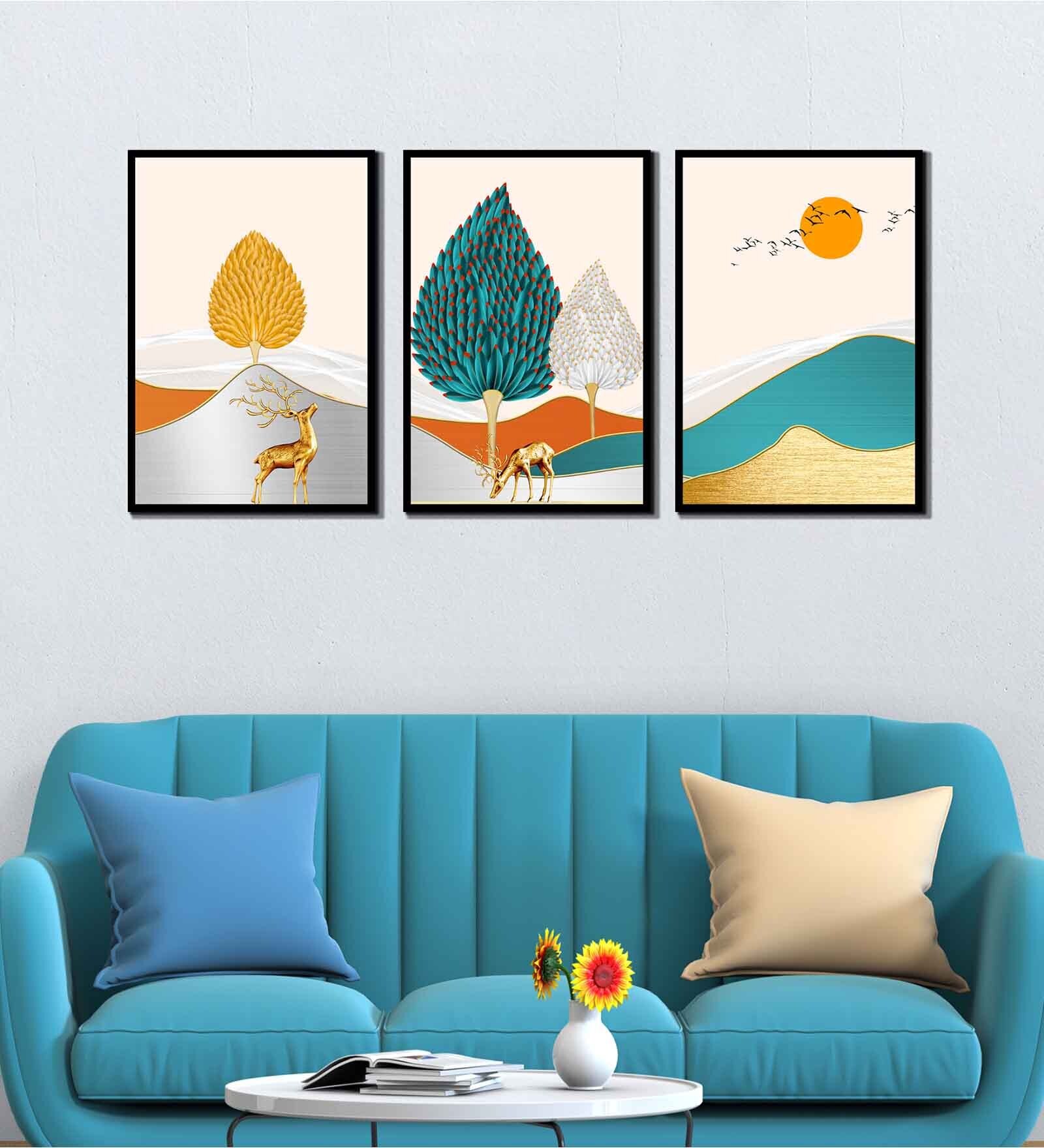 Reindeer Multicolour Canvas & MDF (Set of 3) Framed Art Panels