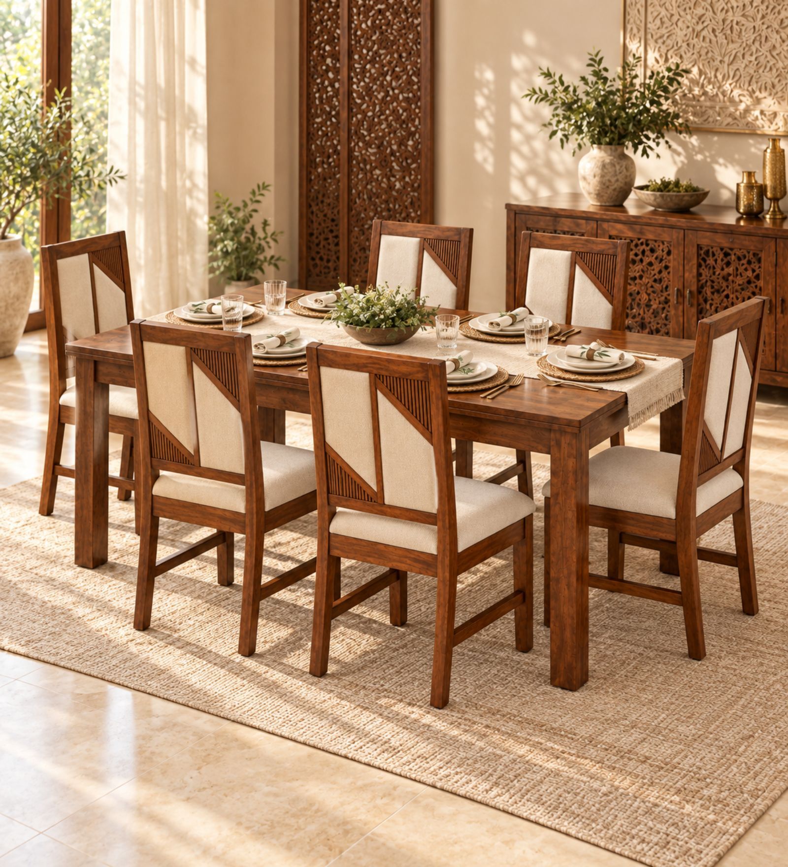 Rekha 6 Seater Dining Set In Provincial Teak Finish With Beige Colour Chair Rekha 6 Seater Dining Set In Provincial Teak Finish With Beige Colour Chair