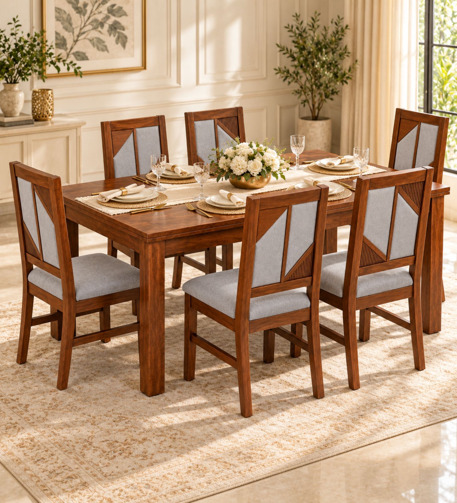Rekha 6 Seater Dining Set In Provincial Teak Finish With Grey Colour Chair Rekha 6 Seater Dining Set In Provincial Teak Finish With Grey Colour Chair