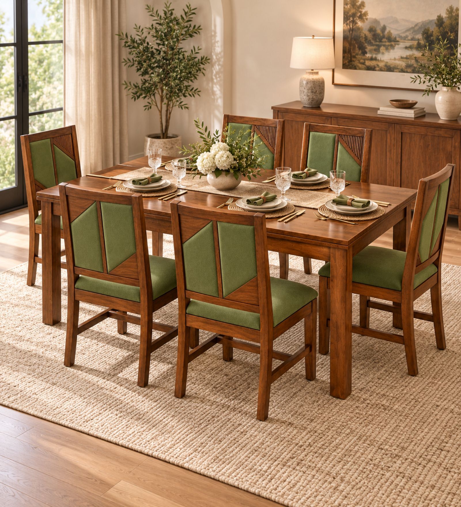 Rekha 6 Seater Dining Set In Provincial Teak Finish With Olive Green Colour Chair Rekha 6 Seater Dining Set In Provincial Teak Finish With Olive Green Colour Chair