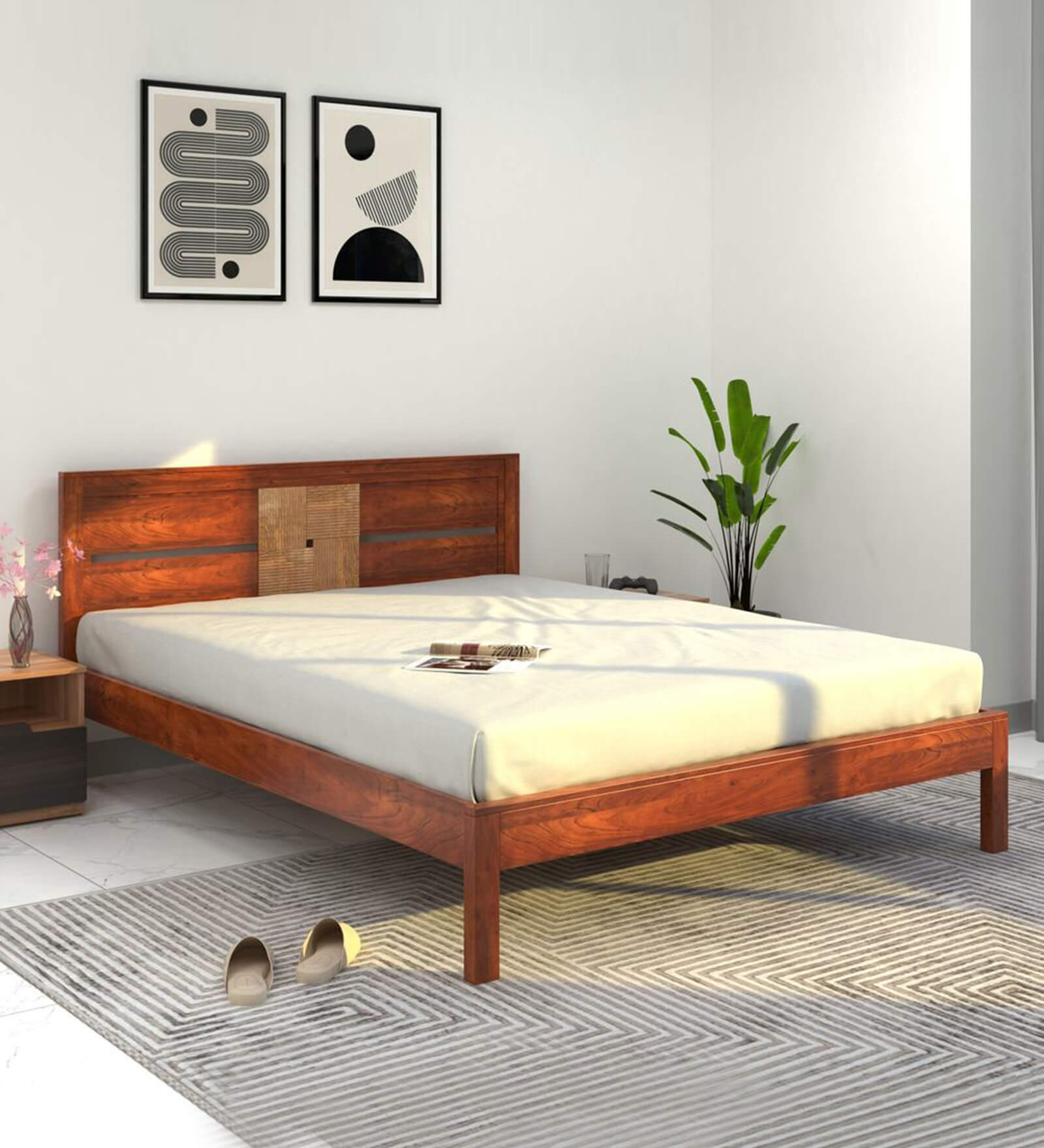 Relaxo Solid Wood Queen Size Bed In Honey Walnut Finish